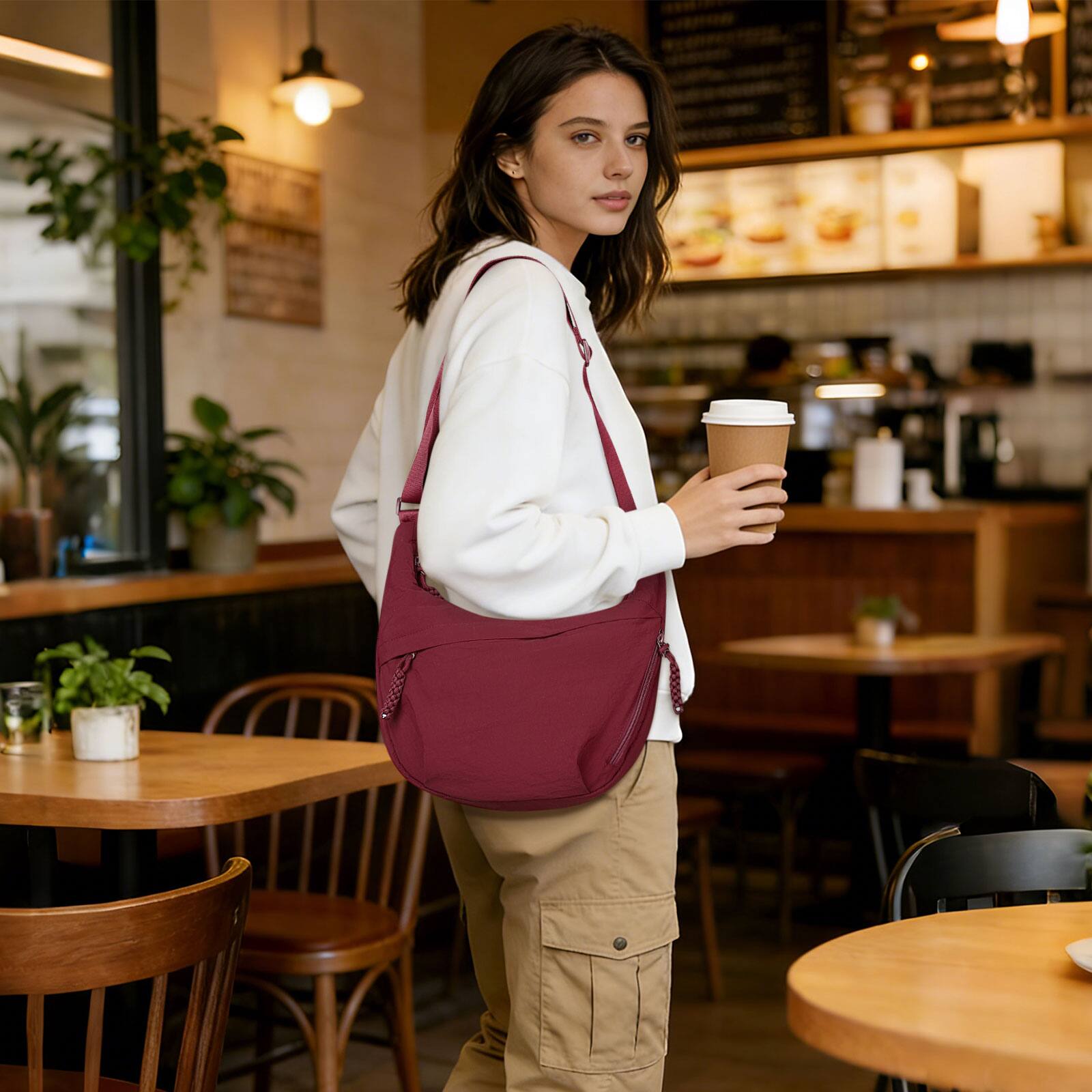 Alt View 4. Unique Bargains - Sling Bag for Men Women, Lightweight Arch Moon Crossbody Bag, Water Repellent Chest Fanny Pack for Hiking Travel Commute - Wine red.