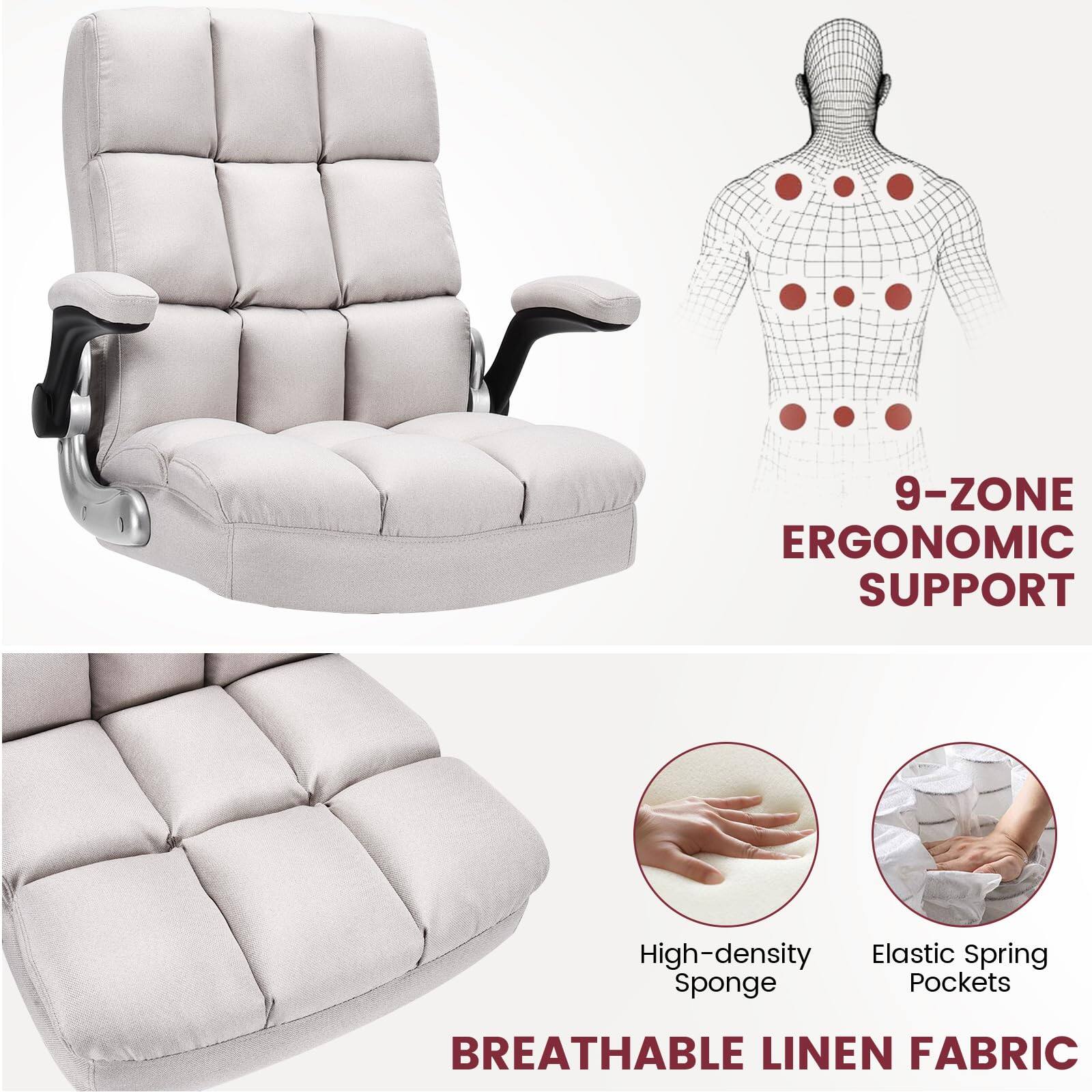 The image features a white chair with a 9-zone ergonomic support system. This system provides high-density elastic spring sponge pockets for added comfort and support. The chair is made of breathable linen fabric, which allows for better air circulation and helps regulate body temperature. The chair is designed to offer a comfortable and supportive seating experience for the user.