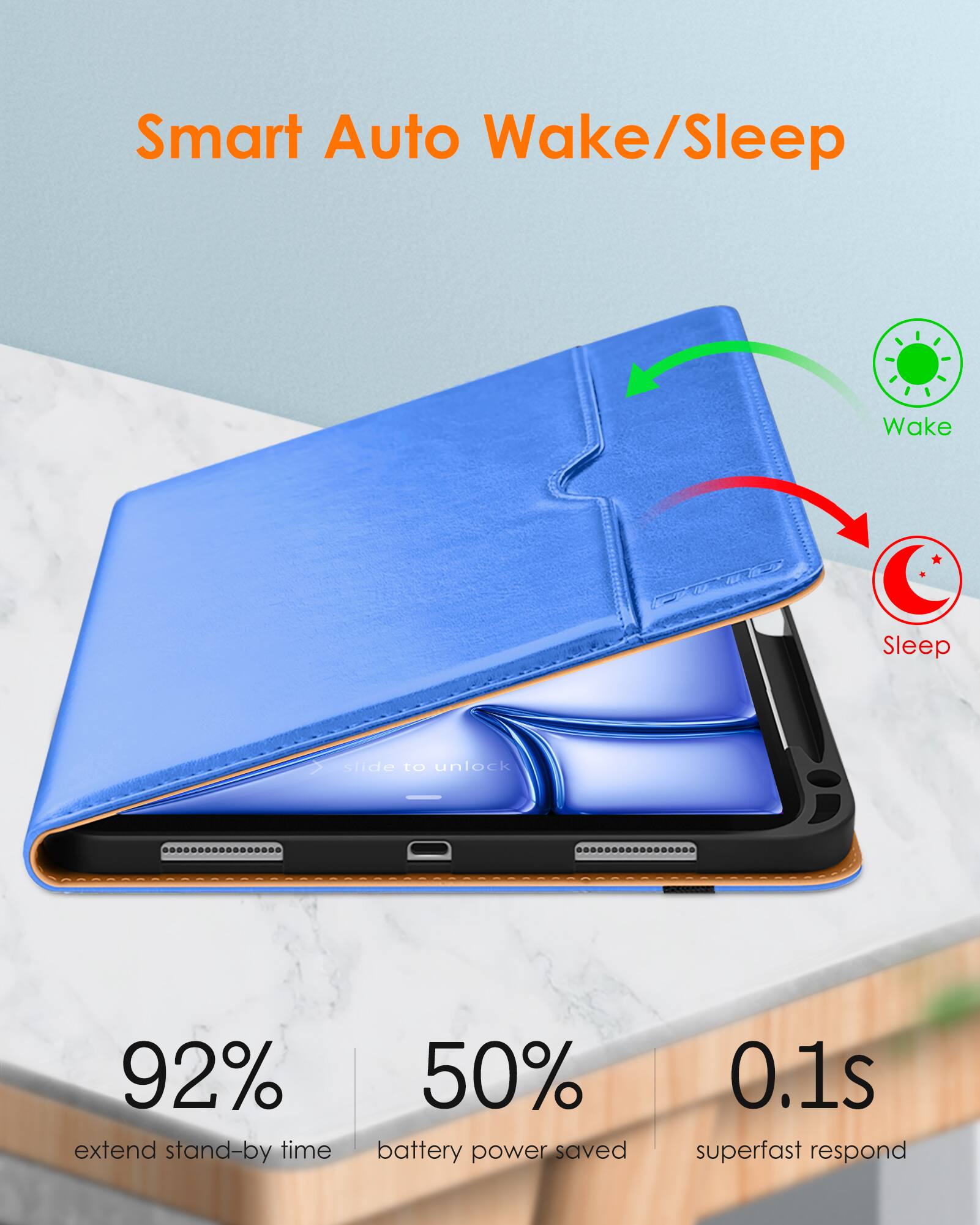Smart Auto Wake/Sleep

- 92% extend stand-by time
- 50% battery power saved
- 0.1s superfast respond