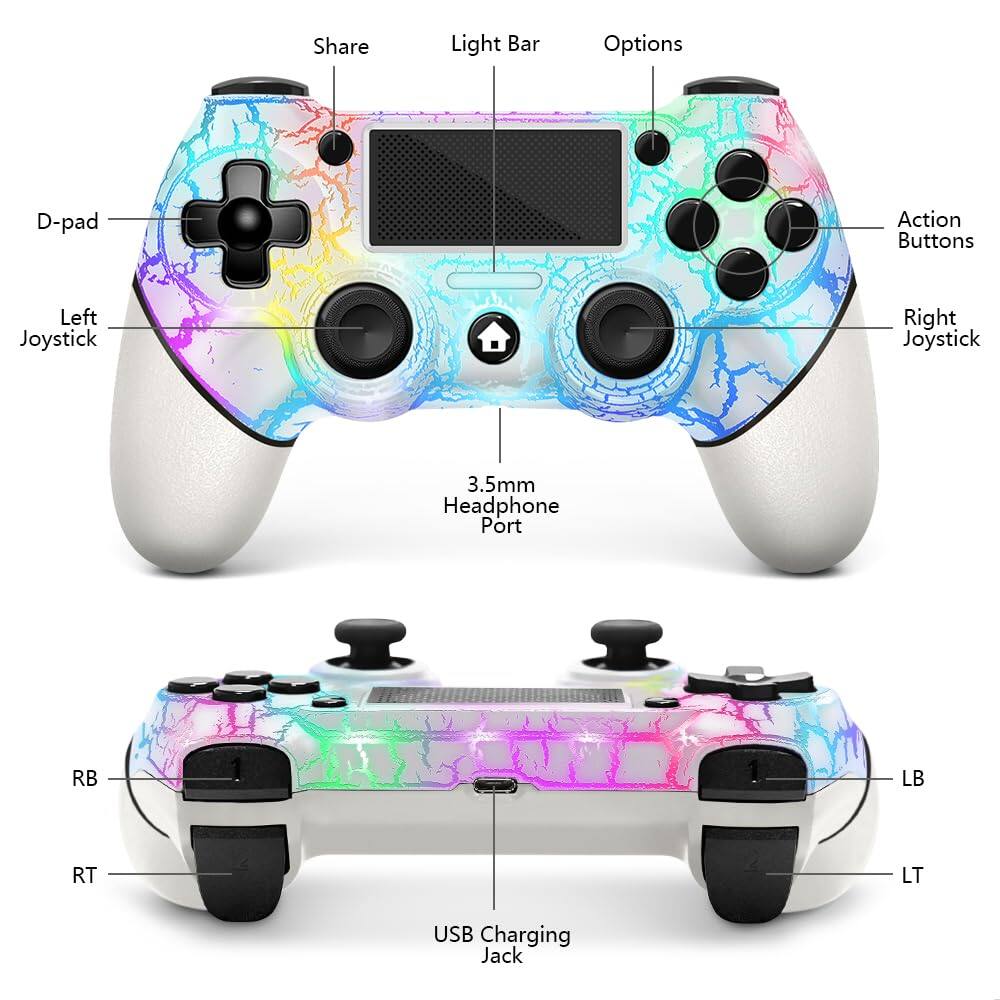 - Share
- Light Bar
- Options
- D-pad
- Left Joystick
- Right Joystick
- 3.5mm Headphone Port
- Action Buttons
- RB
- LB
- RT
- LT
- USB Charging Jack