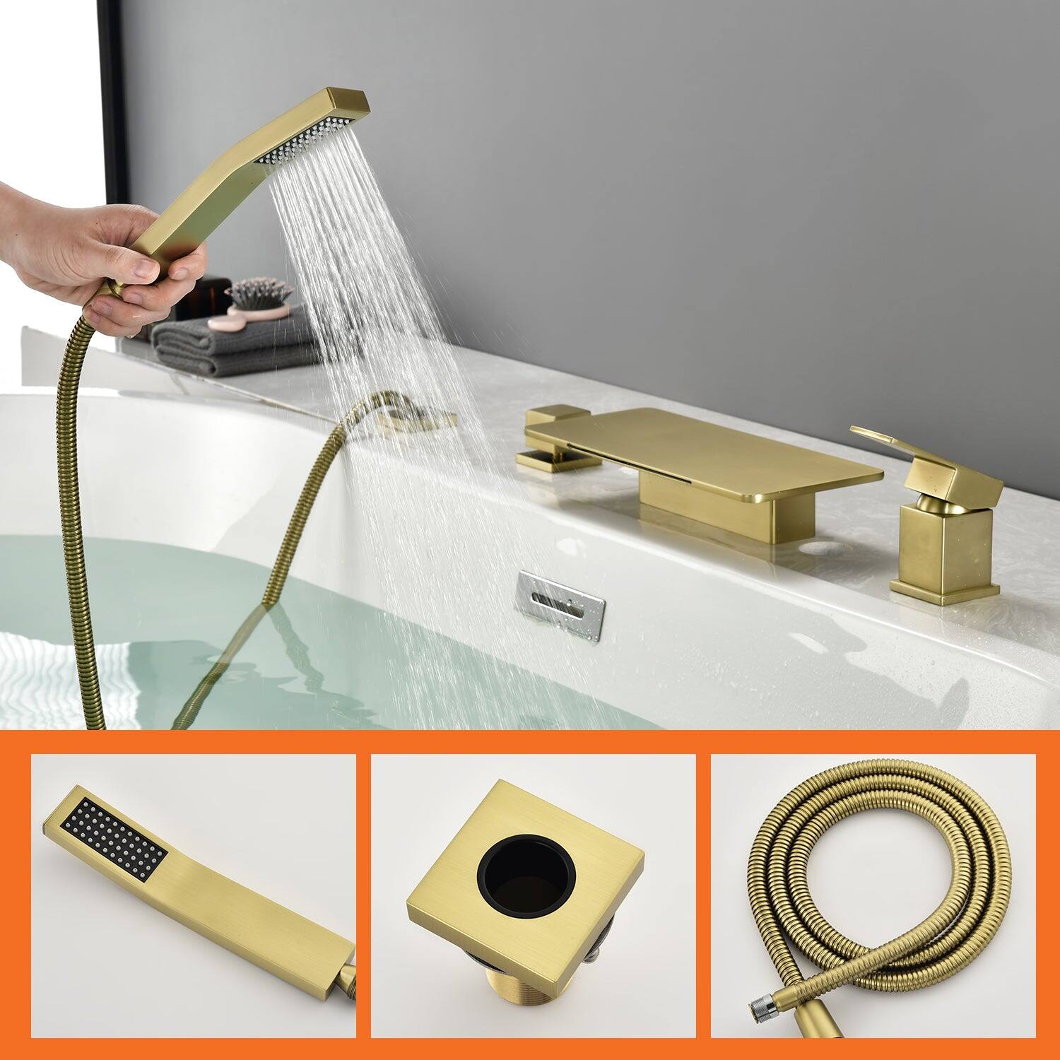 Alt View 3. Boyel Living - 11.2 in.W Brushed Gold Rectangle Bathtub Faucet Hot Cold Control Waterfall Spout Handheld Shower High Capacity - Brushed Gold.