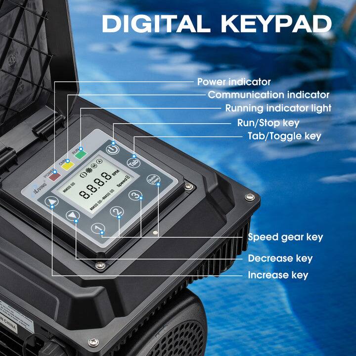 DIGITAL KEYPAD

- Power indicator
- Communication indicator
- Running indicator light
- Run/Stop key
- Tab/Toggle key
- Speed gear key
- Decrease key
- Increase key

8.8.8.8
Speed 8
RPM 1
80-91488
3

ILIVING 20
Made in China