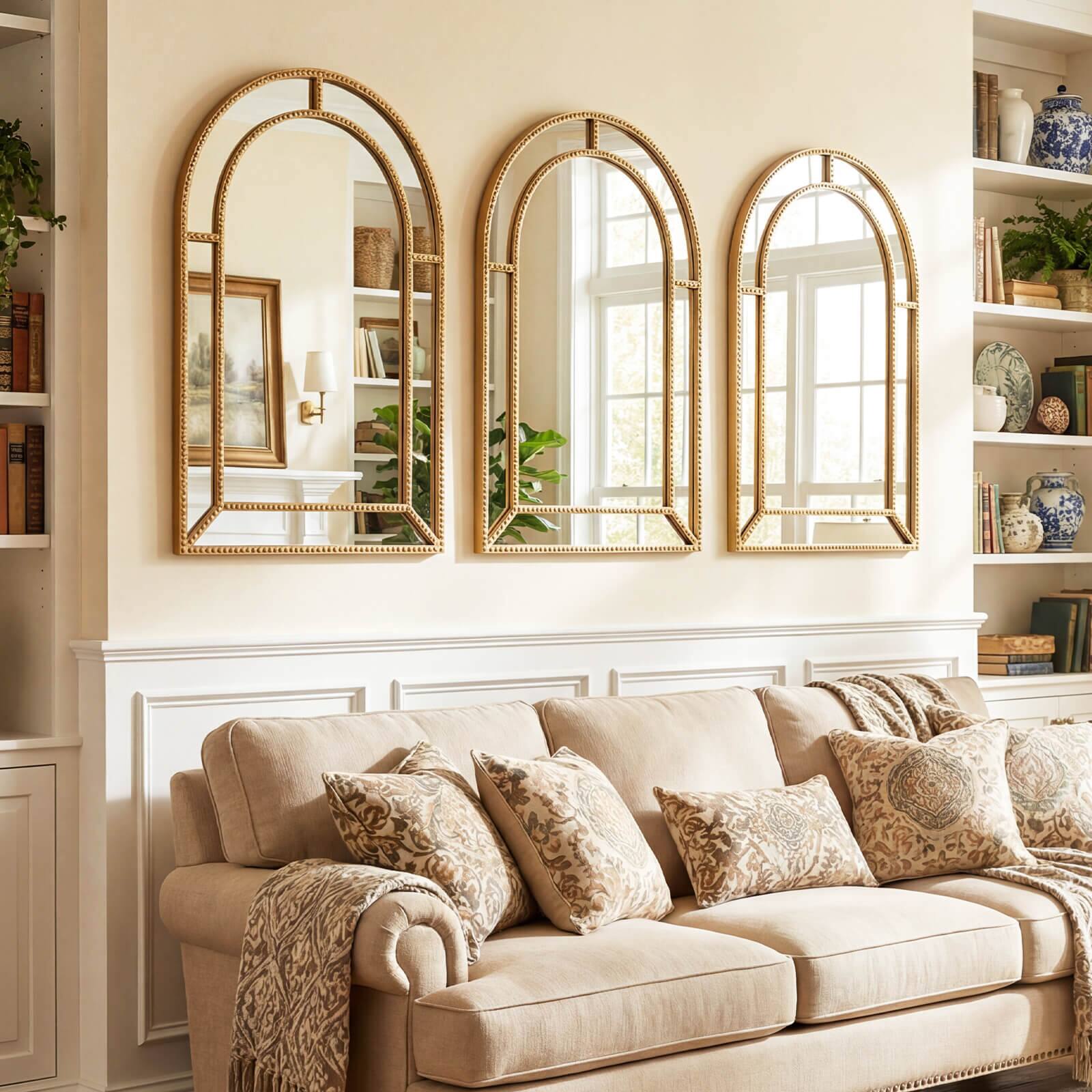 Alt View 5. Costway - Costway 36" x 24" Gold Arched Wall Mirror with Beaded Frame for Living Room, Entryway - Gold.