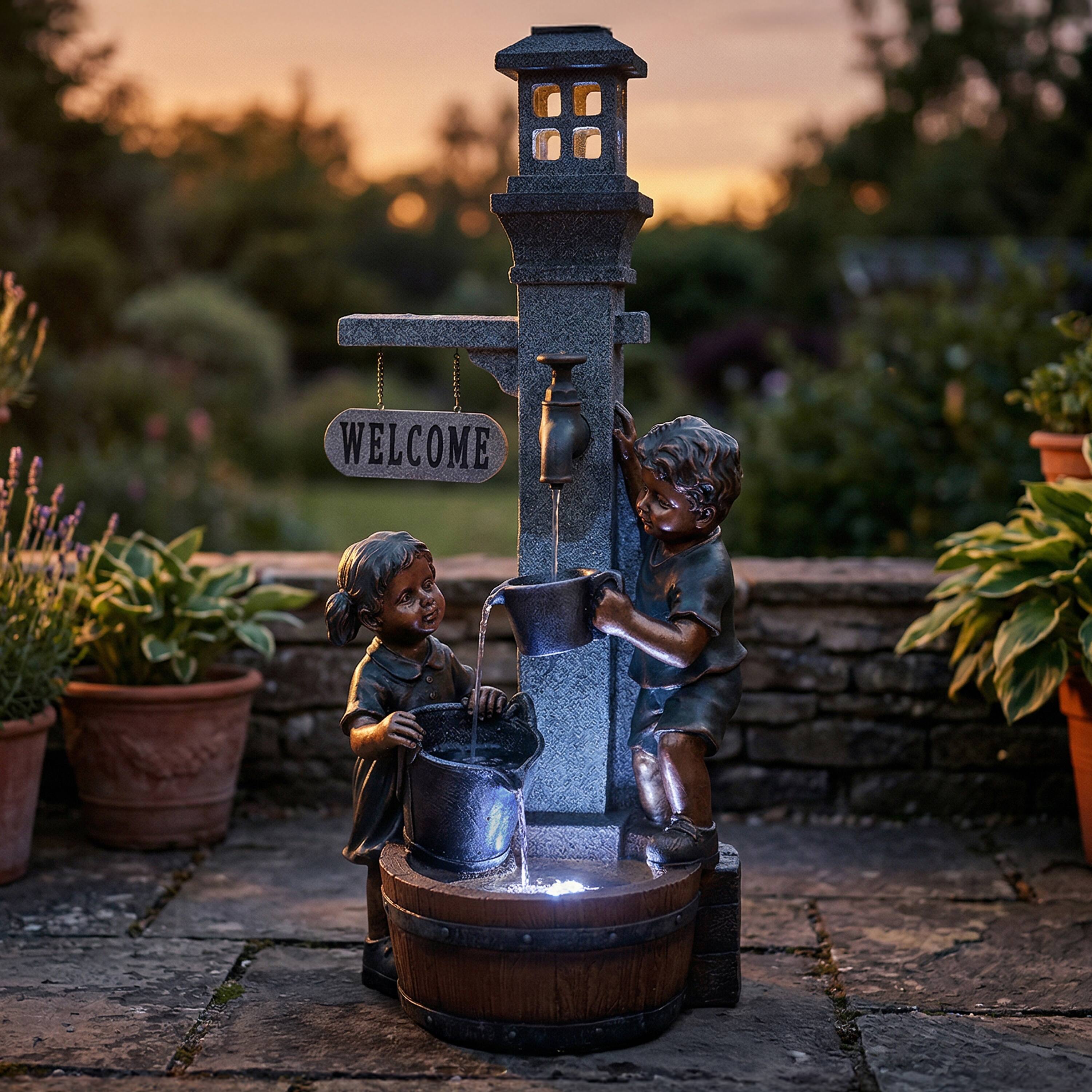 Alt View 9. Sunnydaze - Children Playing at Faucet Water Fountain with LED Lights - 40 in - Grey.