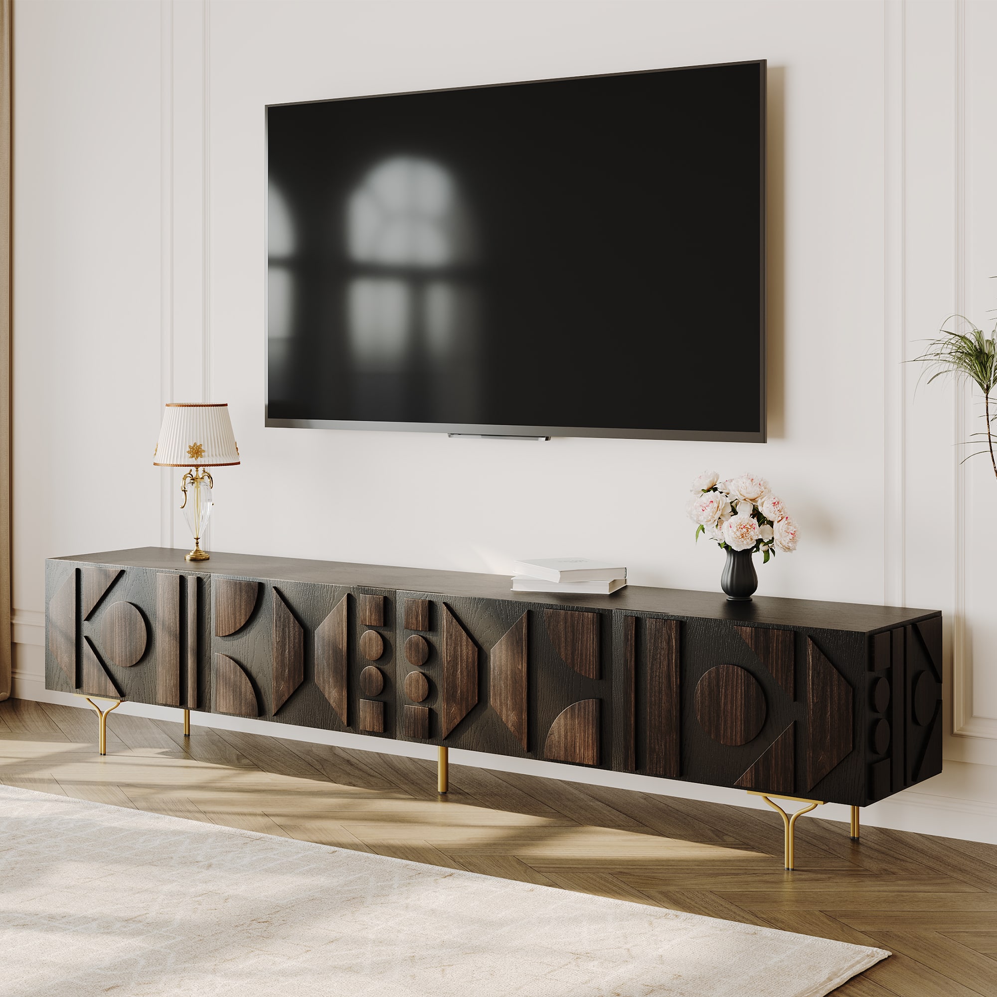POVISON - 94.49" Mid-Century TV Stand, Red Oak Veneer TV Console, Wood Media Console, Metal Legs, Perfect for 85-in TVs - Smoky