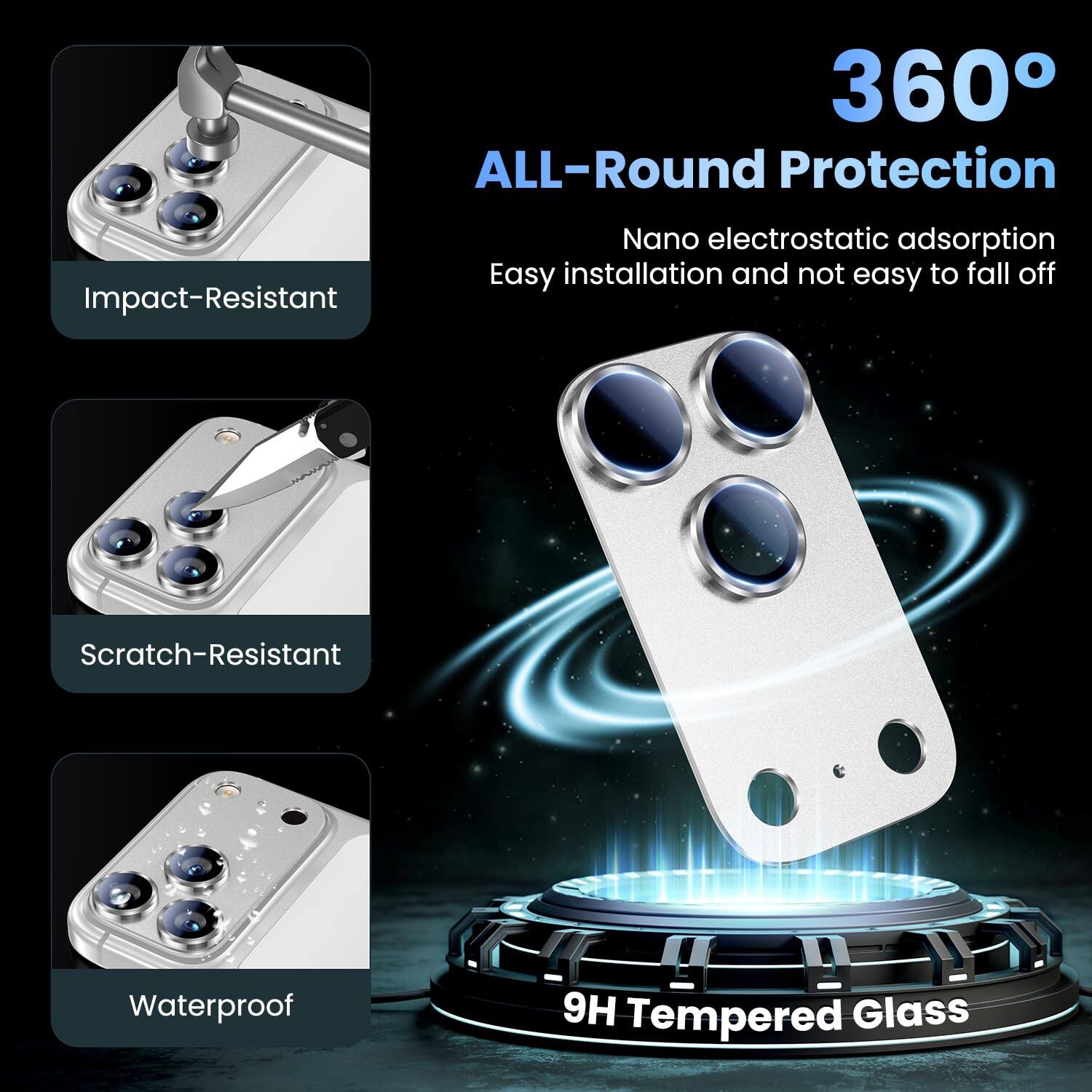 360° ALL-Round Protection  
Nano electrostatic adsorption  
Easy installation and not easy to fall off  
Impact-Resistant  
Scratch-Resistant  
Waterproof  
9H Tempered Glass