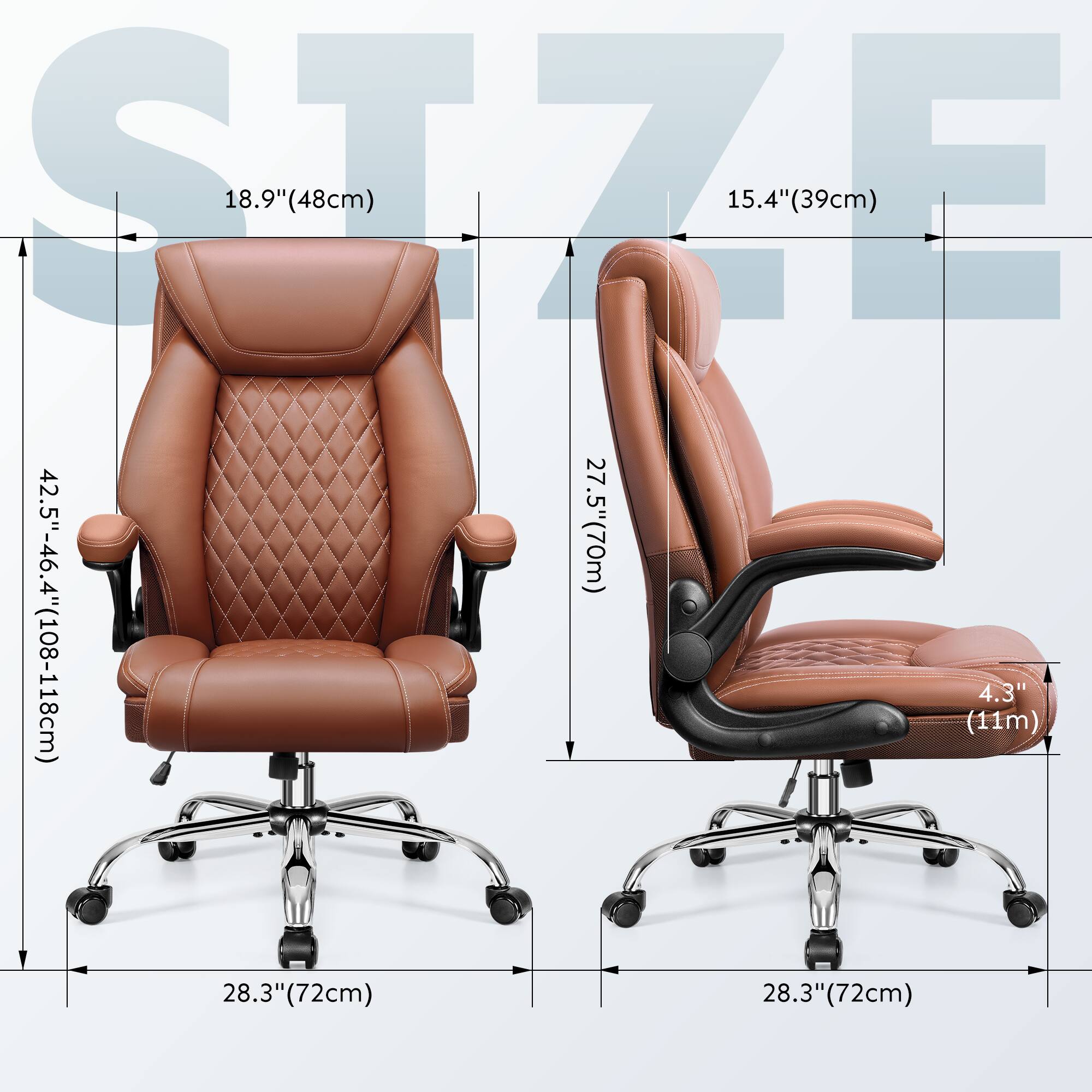 STZE  
18.9" (48cm)  
15.4" (39cm)  
27.5" (70cm)  
42.5"-46.4" (108-118cm)  
4.3" (11cm)  
28.3" (72cm)