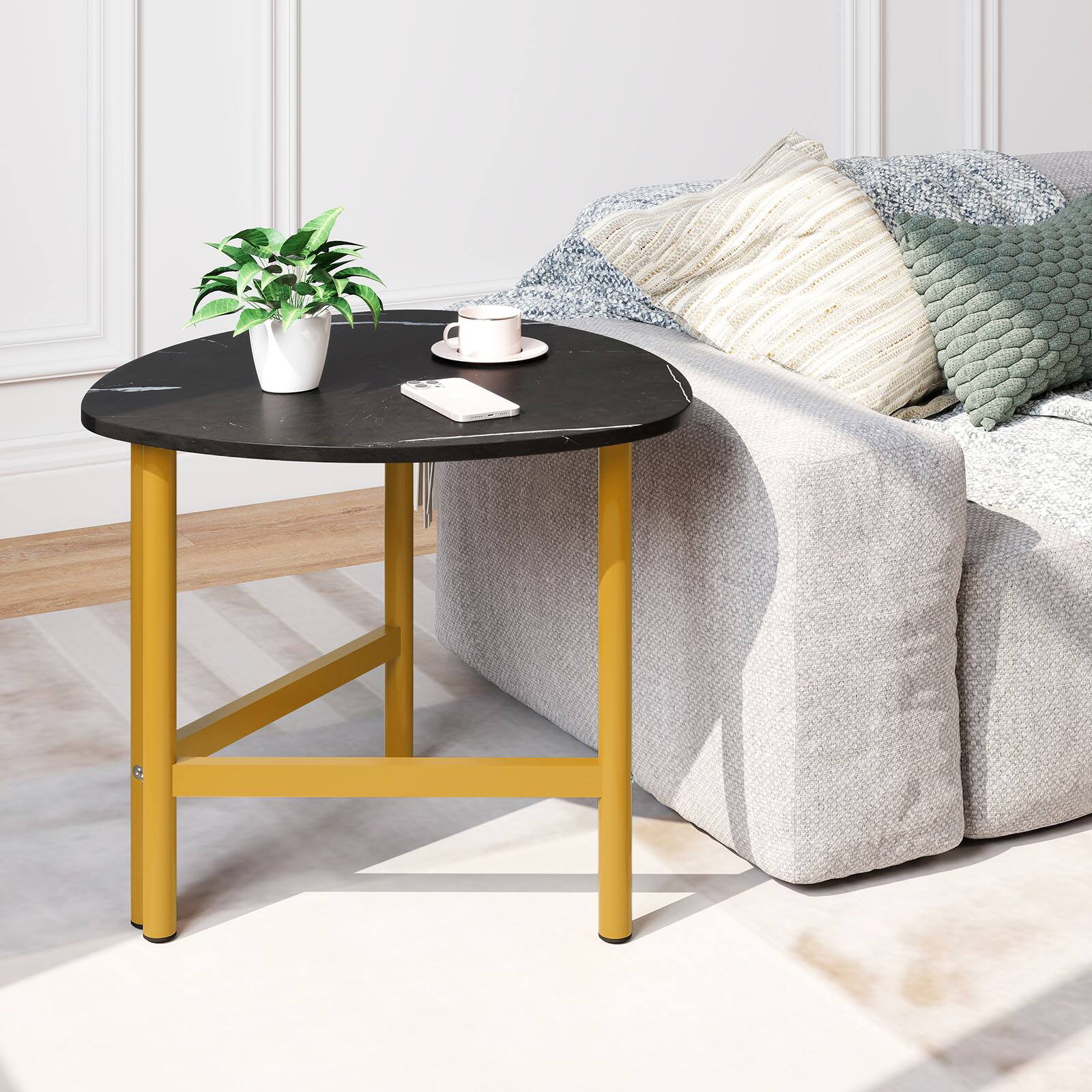 Alt View 4. Gymax - Gymax 2PCS Triangle Coffee Table w/Metal Legs Industrial Center Table for Living Room Black & Gold - Black.