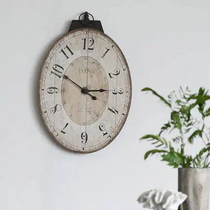 Front. BreeBe - 18' x 29' Antique White Oval Wall Clock, Traditional Vintage Home Decor Clock - Ivory.