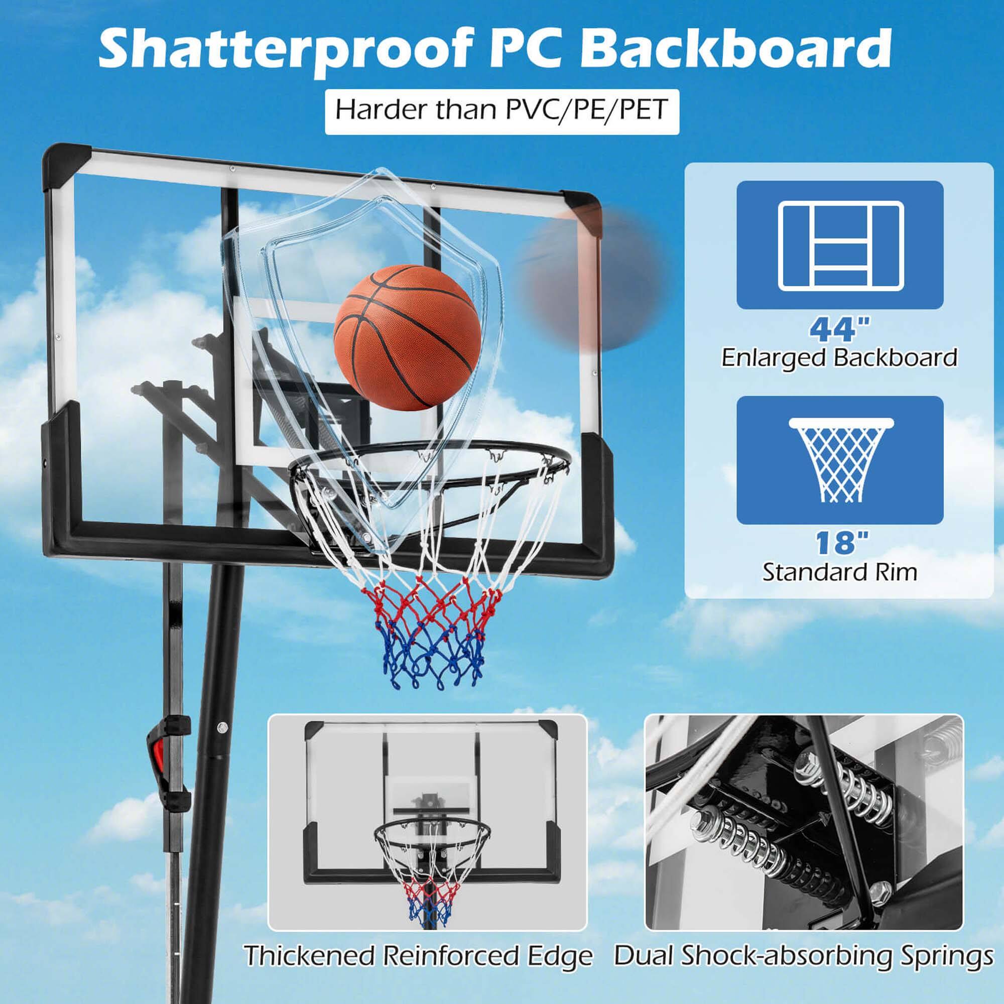 Shatterproof PC Backboard  
Harder than PVC/PE/PET  

44" Enlarged Backboard  
18" Standard Rim  

Thickened Reinforced Edge  
Dual Shock-absorbing Springs