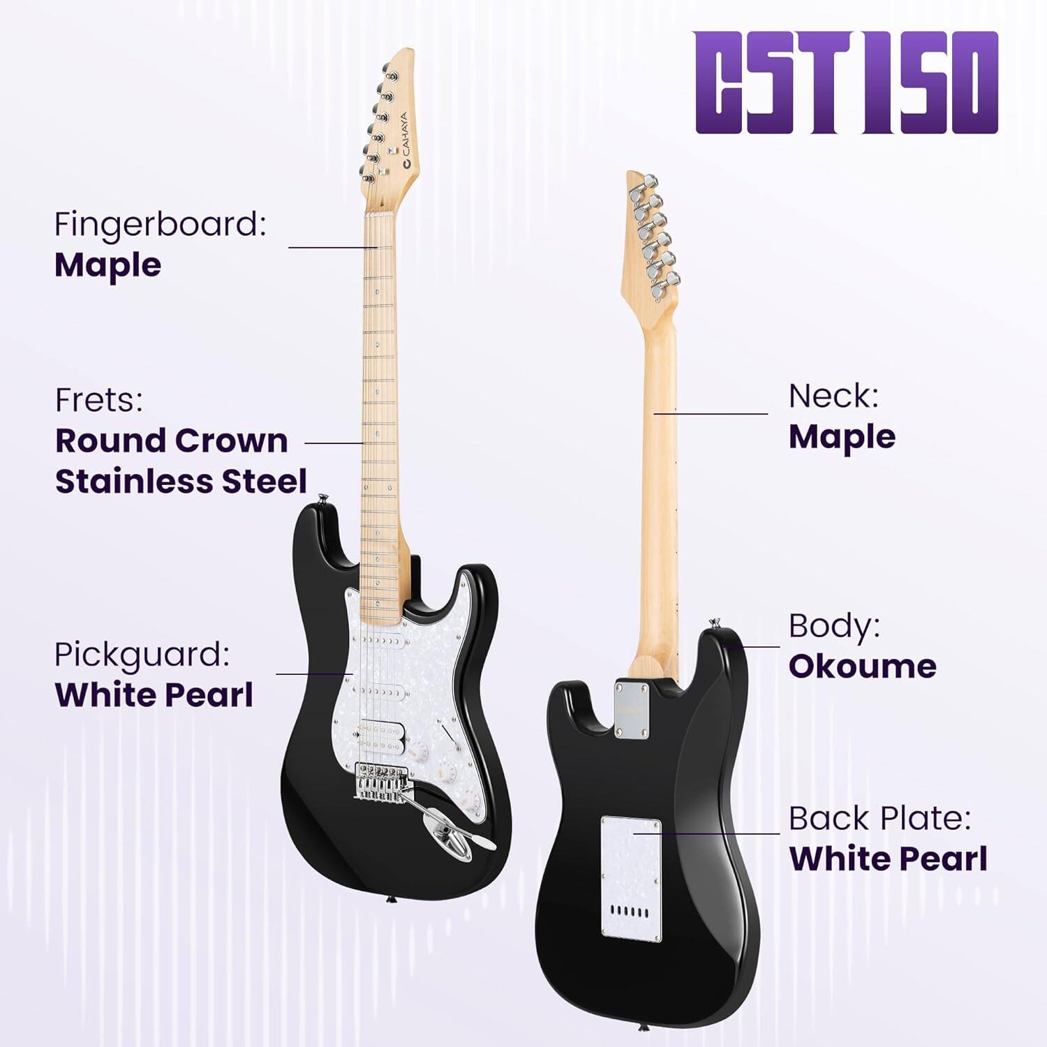 CSTISO

Fingerboard: Maple  
Frets: Round Crown Stainless Steel  
Neck: Maple  
Pickguard: White Pearl  
Body: Okoume  
Back Plate: White Pearl