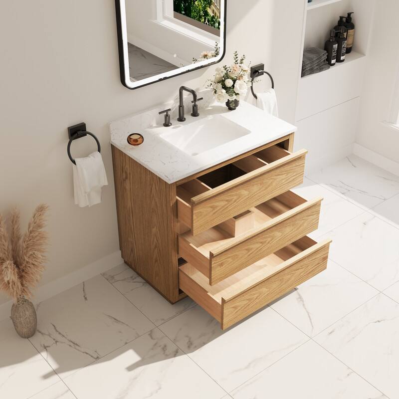 Left. WELLFOR - 36 in Soild Wood Bathroom Vanity with Undermount Sink ,3 Soft-Close Drawers & Carrara White Quartz Top - Oak.