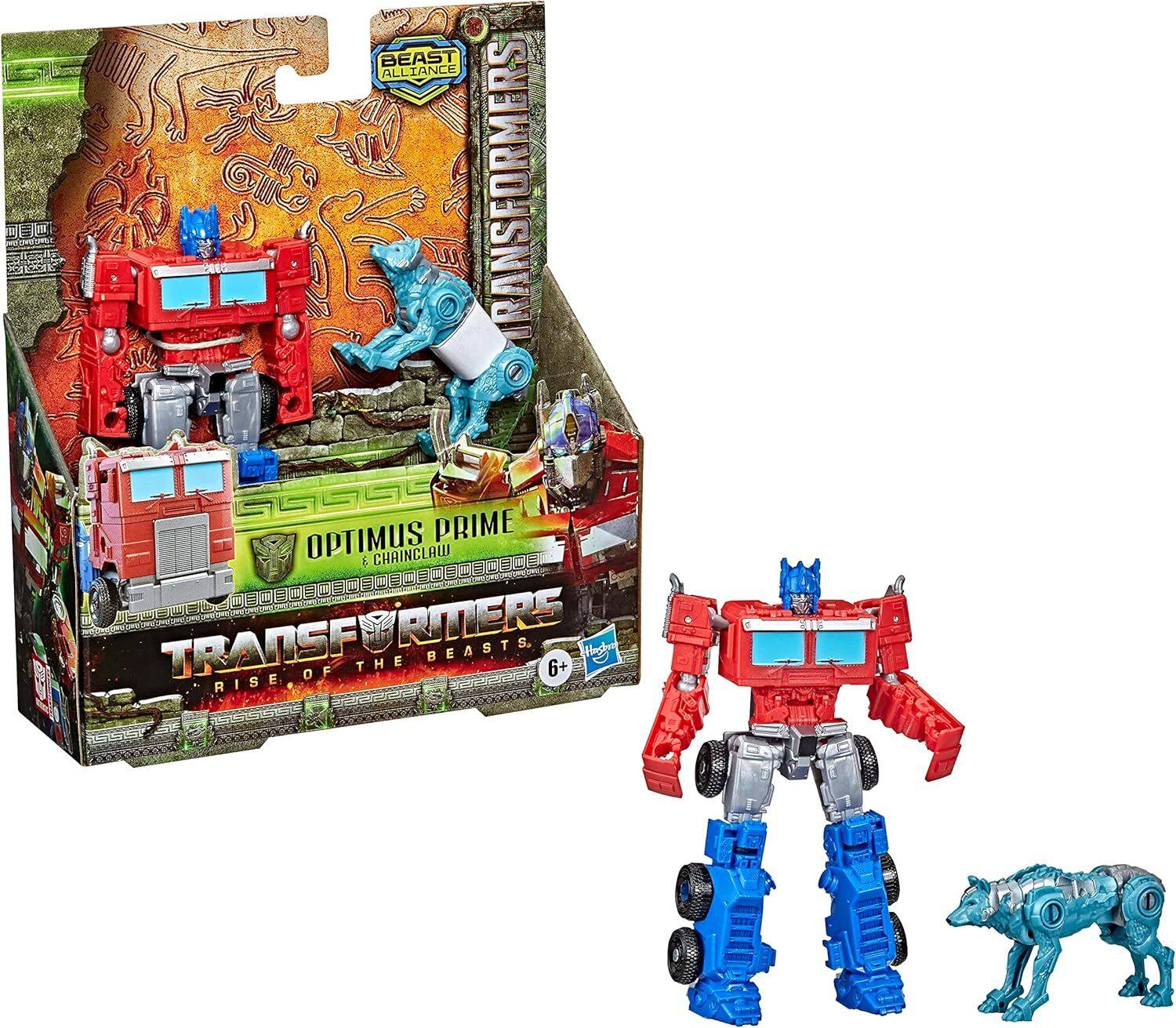 The text on the image is: "Beast Alliance G Transformers Optimus Prime & Chainclaw Transformers The Rise of the Beasts."