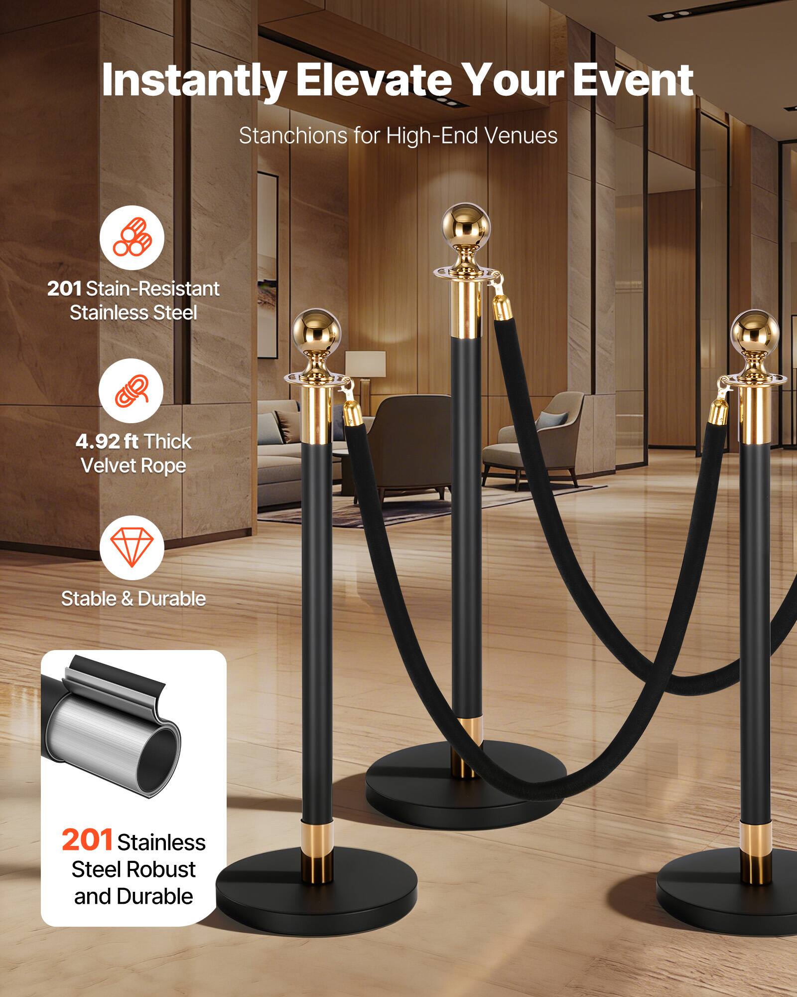 Instantly Elevate Your Event  
Stanchions for High-End Venues  

- 201 Stain-Resistant Stainless Steel  
- 4.92 ft Thick Velvet Rope  
- Stable & Durable  
- 201 Stainless Steel Robust and Durable