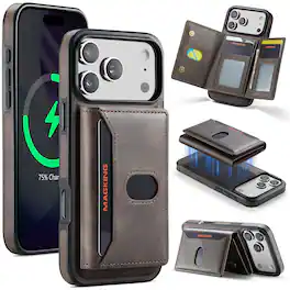 UUCOVER - Detachable Magnetic Card Wallet Leather Case for iPhone 17 Pro Max Compatible with MagSafe RFID Blocking Stand Cover - Coffee