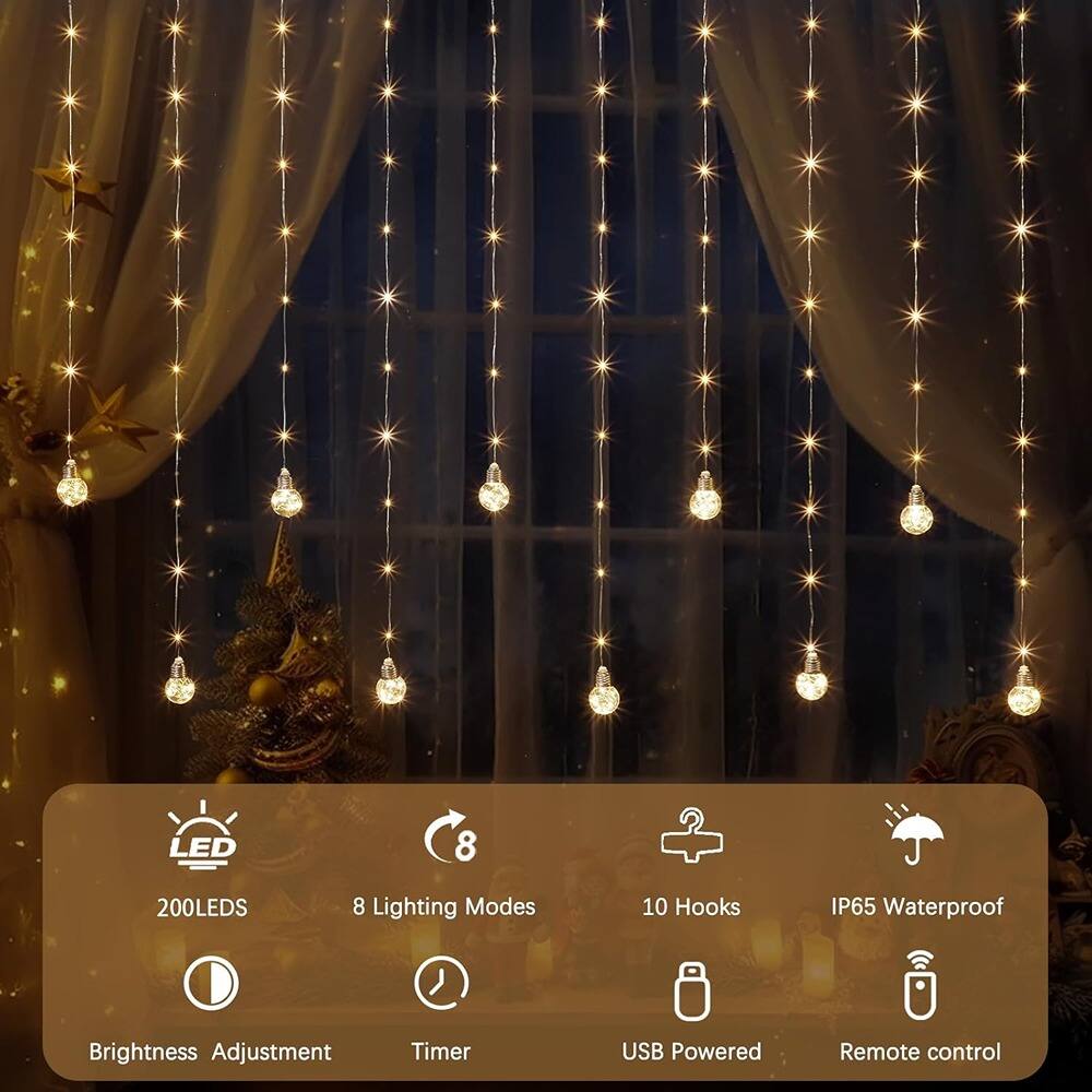 LED  
200 LEDs  
8 Lighting Modes  
10 Hooks  
IP65 Waterproof  
Brightness Adjustment  
Timer  
USB Powered  
Remote control