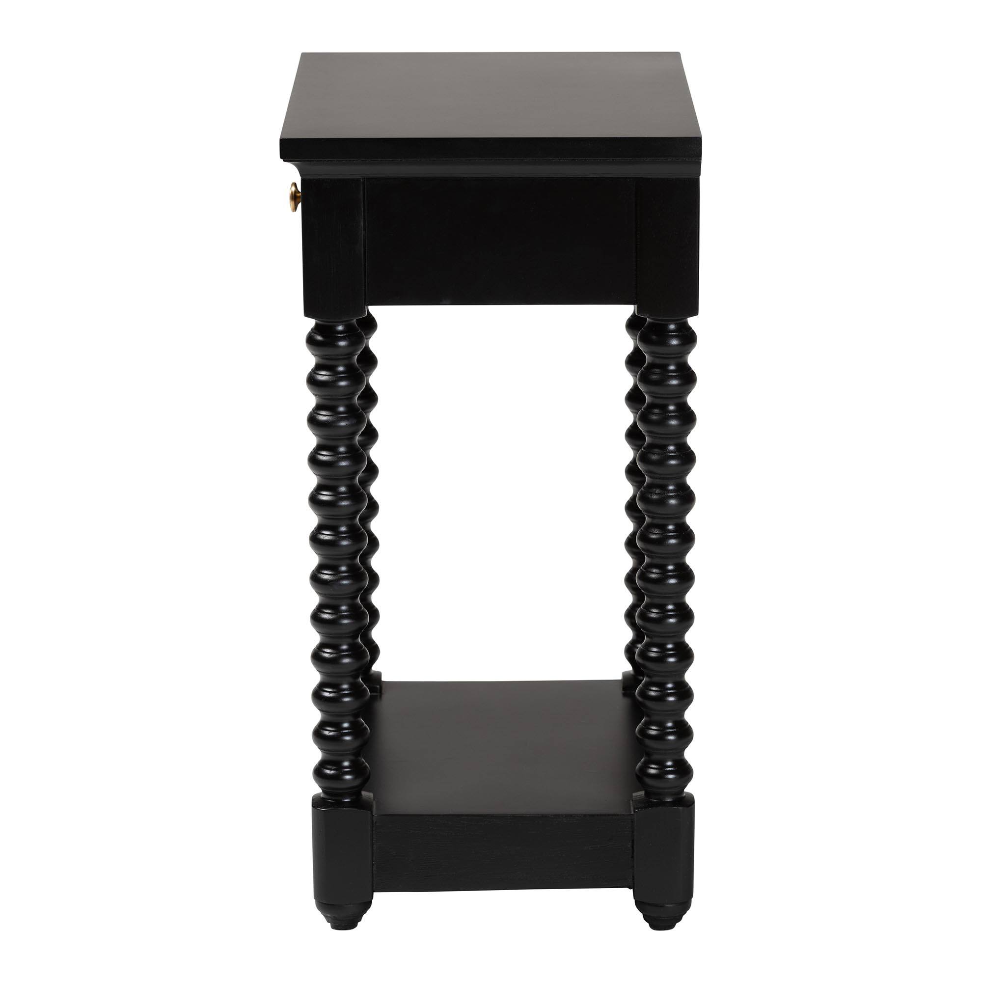 Back. bali & pari - Baxton Studio Terentia Nightstand with Bobbin Legs - 1-Drawer Bedroom Side Table with Storage Shelf, Black - Black.