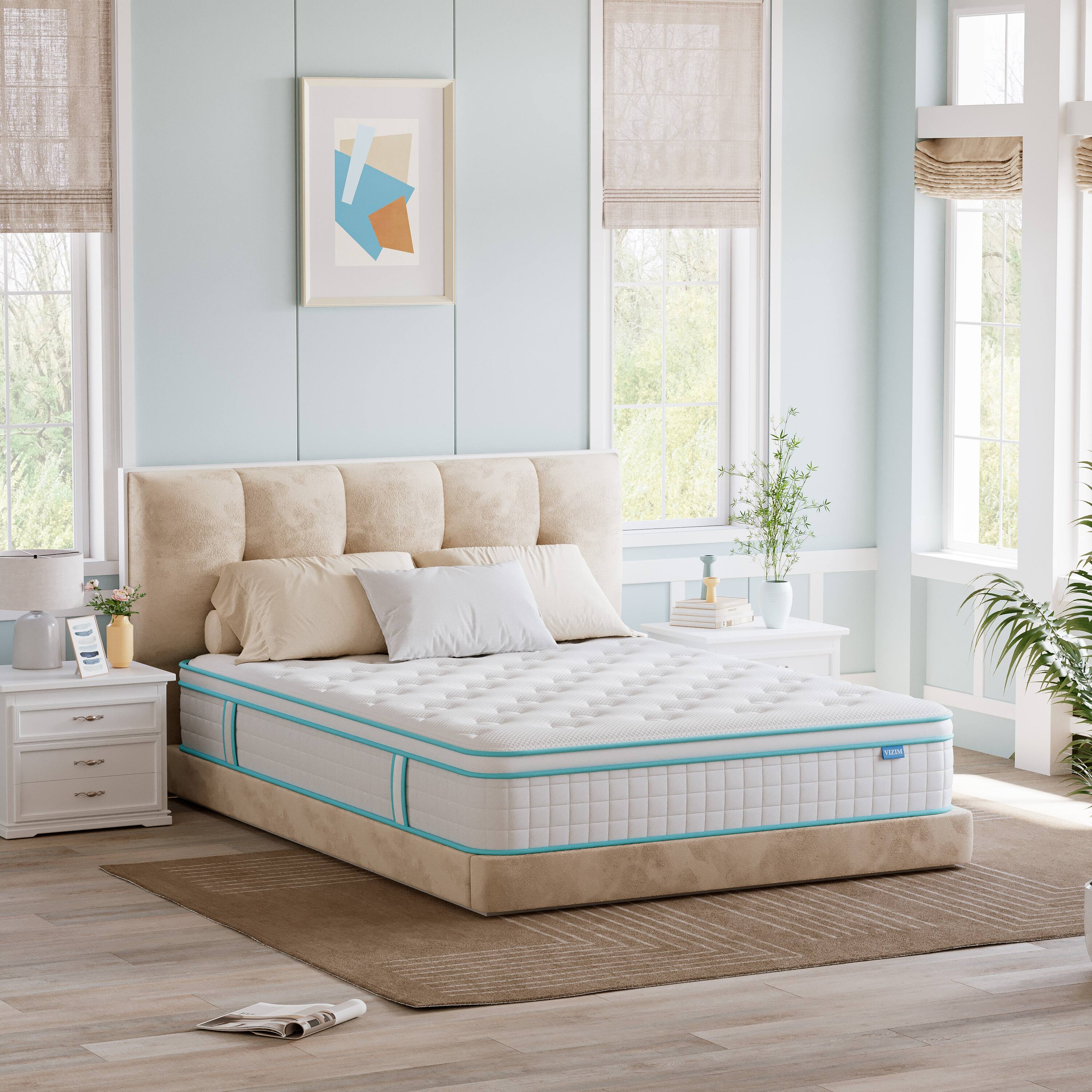 Angle. Bestier - 12 inch Cooling Medium Hybrid Memory Foam Mattress - White and Blue.