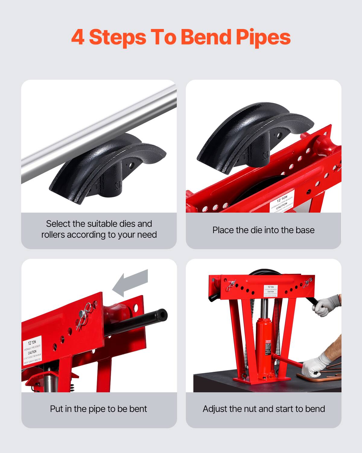 4 Steps To Bend Pipes

1. Select the suitable dies and rollers according to your need
2. Place the die into the base
3. Put in the pipe to be bent
4. Adjust the nut and start to bend