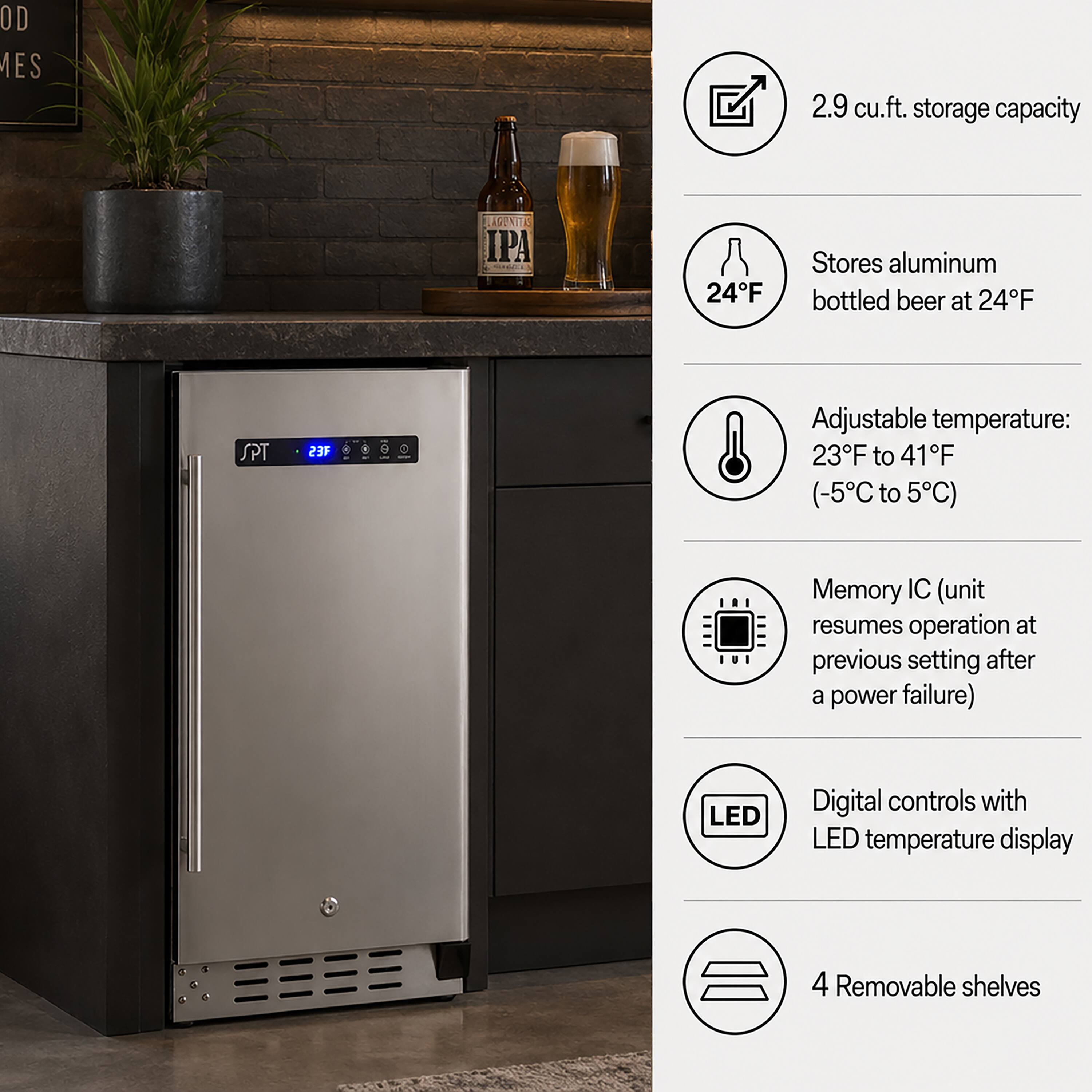 OD MES 2.9 cu.ft. storage capacity ASUNITE IPA 24F Stores aluminum bottled beer at 24F SPT 23F E e Adjustable temperature: 23F to 41F (-5C to 5C) ... Memory IC (unit resumes operation at previous setting after a power failure) LED Digital controls with LED temperature display 4 Removable shelves