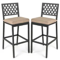 Costway Set of 2 Outdoor Bar Height Dining Chairs Patio Metal Bar Stools with Cushion - Black/Beige - Front_Zoom