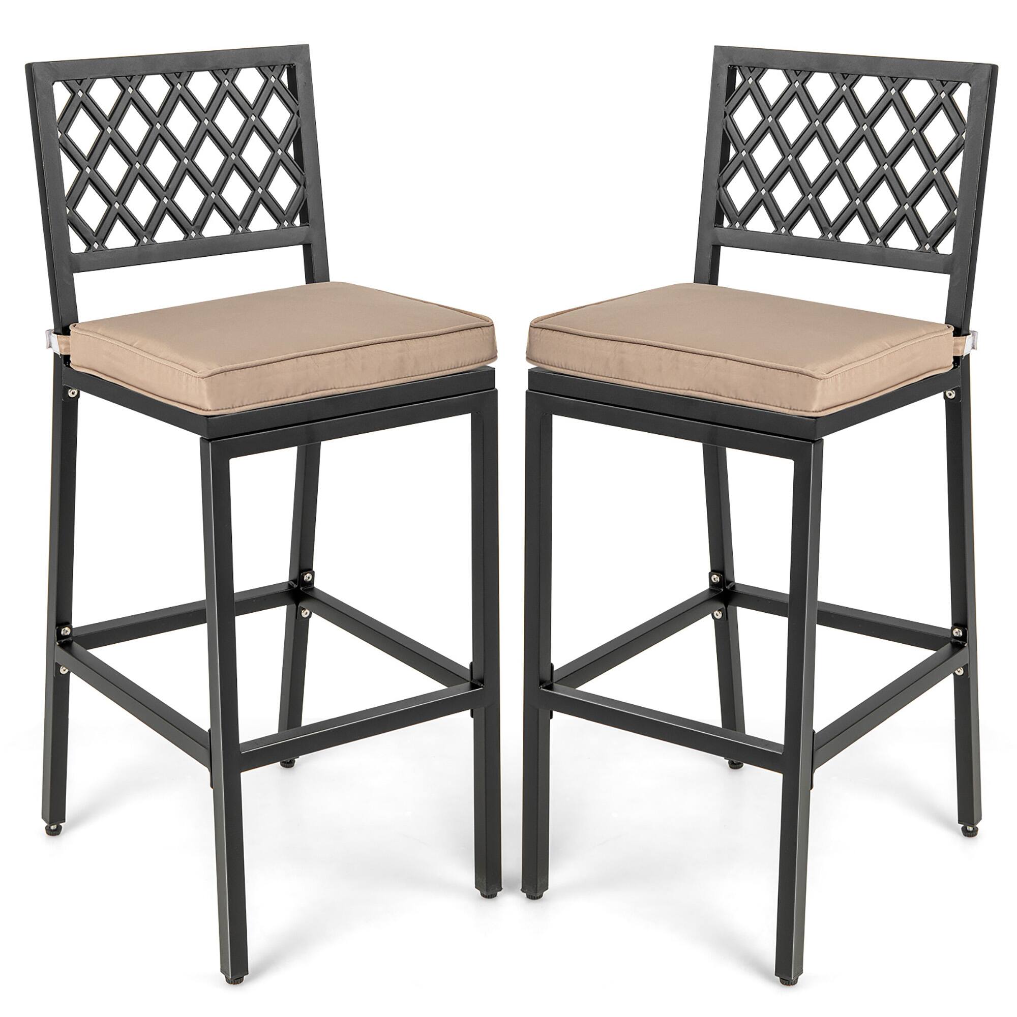Costway - Set of 2 Outdoor Bar Height Dining Chairs Patio Metal Bar Stools with Cushion - Black/Beige