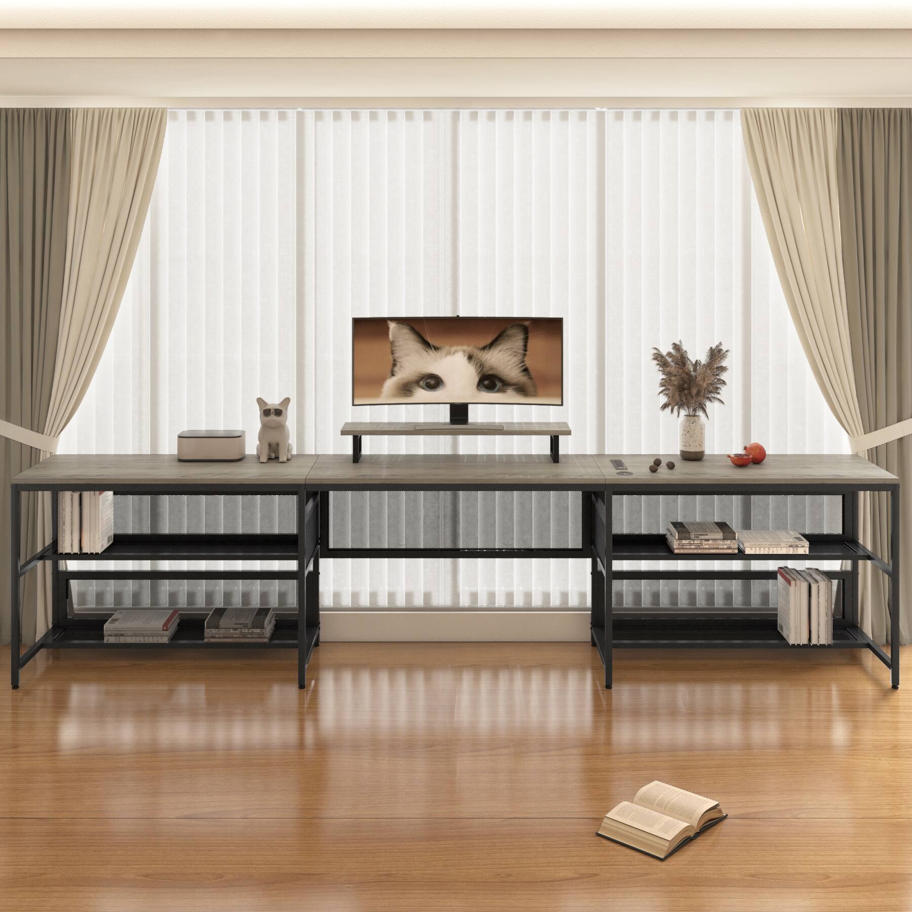 Alt View 1. Spaco - Spaco Vintage U-Shaped Gaming Desk with Power Outlets, LED Strip, Monitor Stand, Storage Shelf, Home Office Desk - Gray.