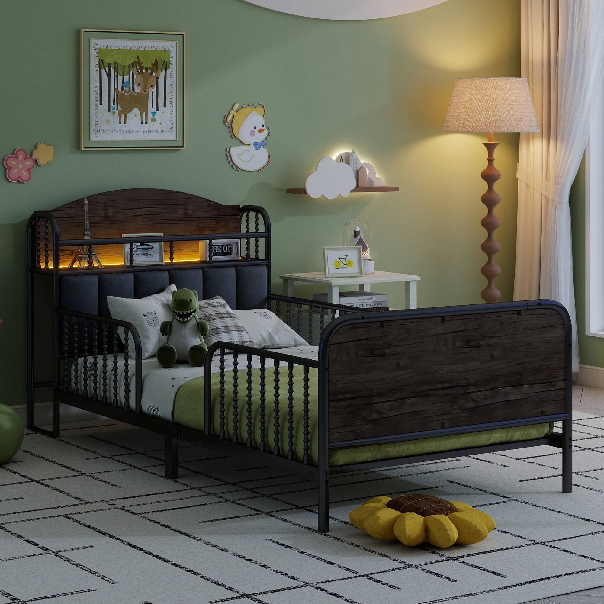 Left. LUCKY ONE - Twin Size Kids Metal Platform Bed Frame with Light and Storage Headboard - Black.