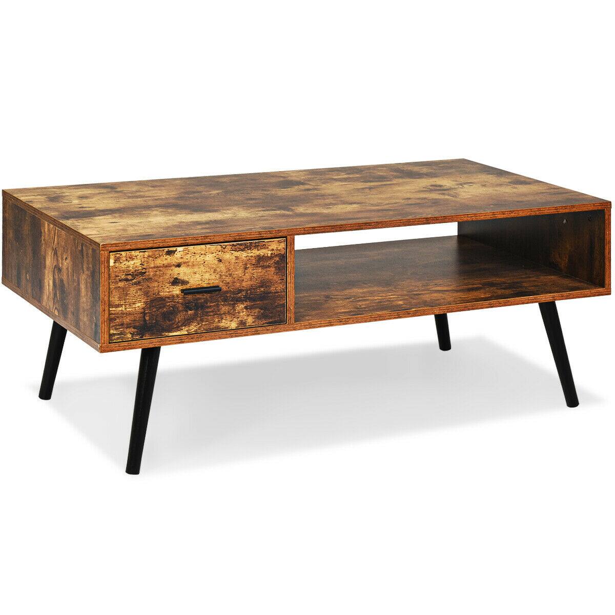 Alt View 9. Gymax - Gymax Retro Coffee Table Mid Century Modern Living Room Furniture w/Open Storage Shelf - Rustic Brown.