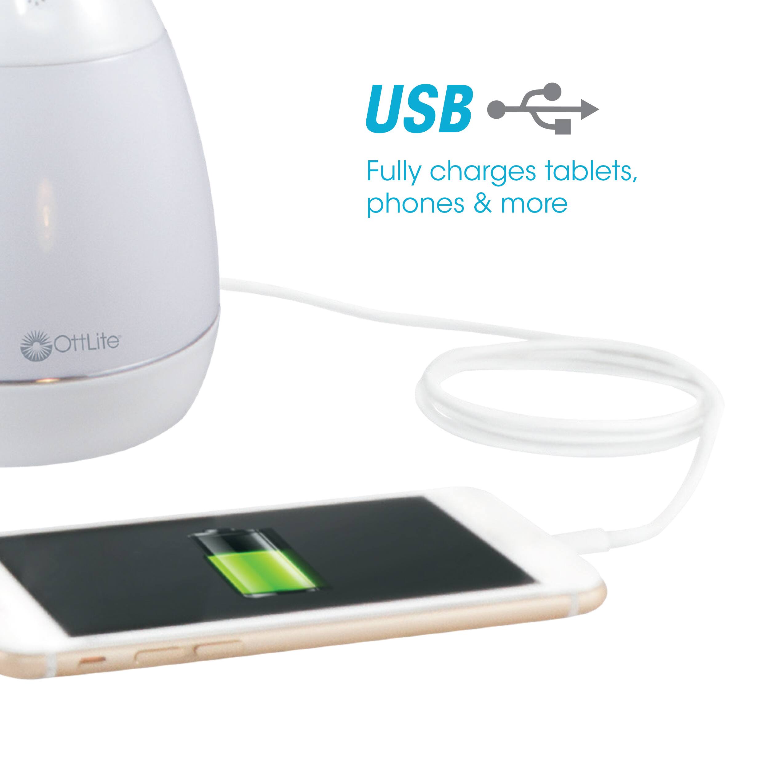 The text on the image reads: "USB Fully charges tablets, phones & more OttLite."