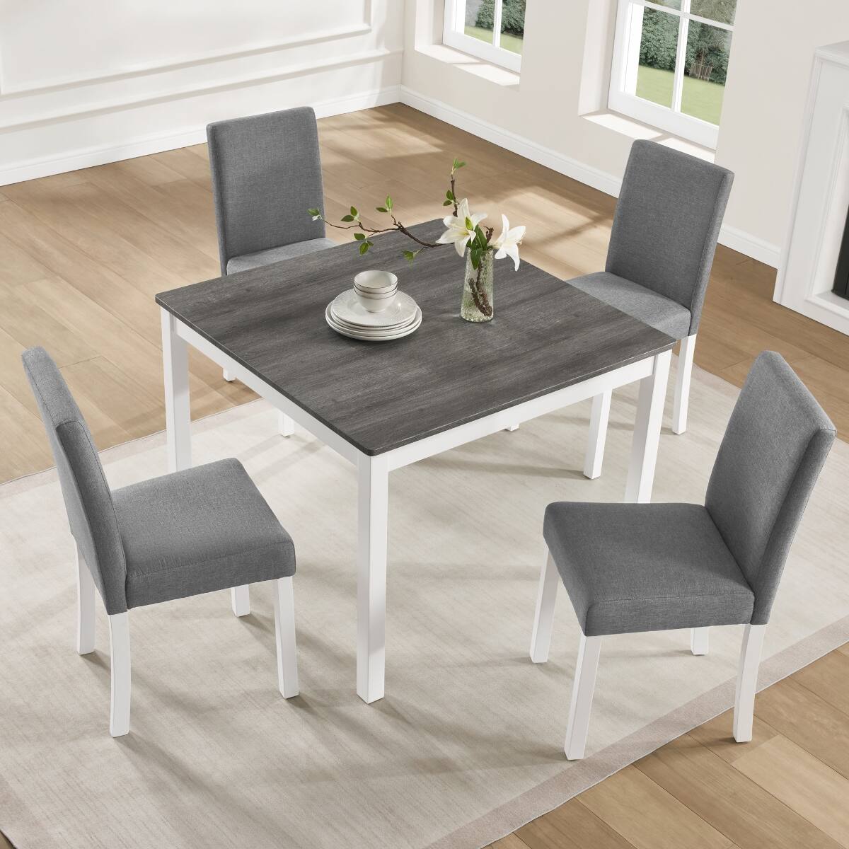 Angle. Loheer - Loheer 5 Piece Dining Table Set for 4, Square Wood Table with Upholstered Chairs, Grey and White - Grey and white two tone.