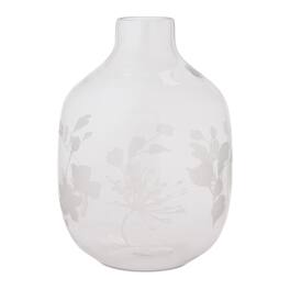 BreeBe - White Frosted Glass Vase with Floral Etching - Clear, Gray