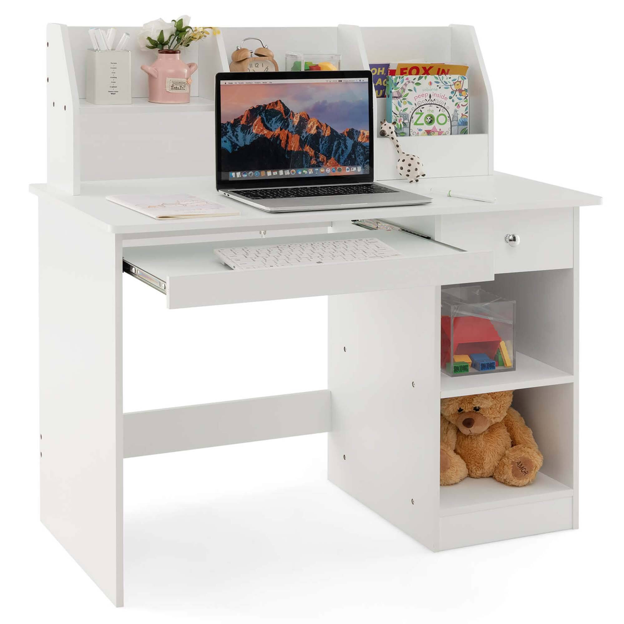 Costway - Kids Study Desk Children Writing Table with Hutch Drawer Shelves & Keyboard Tray - White