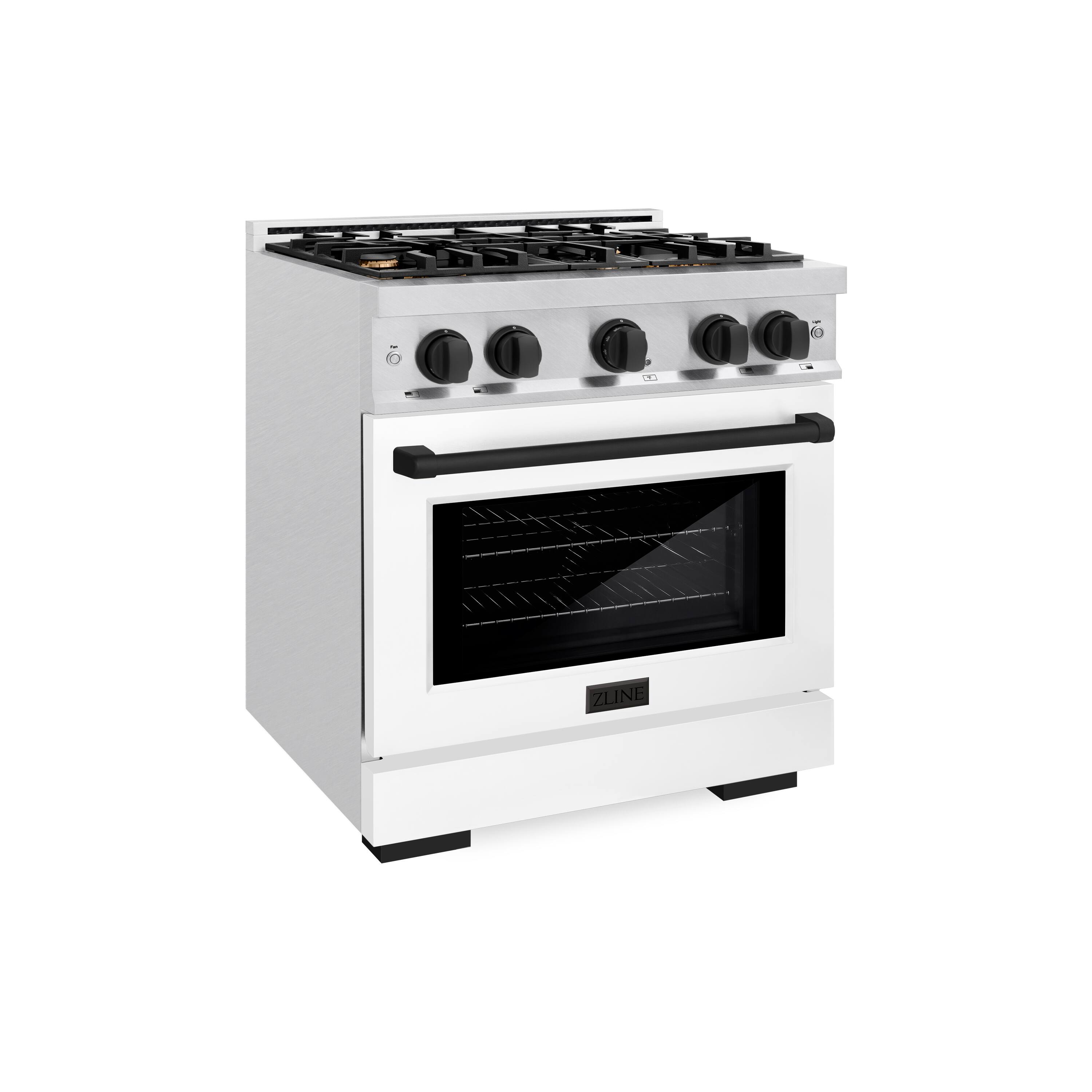 Angle. ZLINE - ZLINE Autograph 30 in. Freestanding Select Satin Steel Gas Range w/ White Door & Black Accents - Satin Stainless Steel.