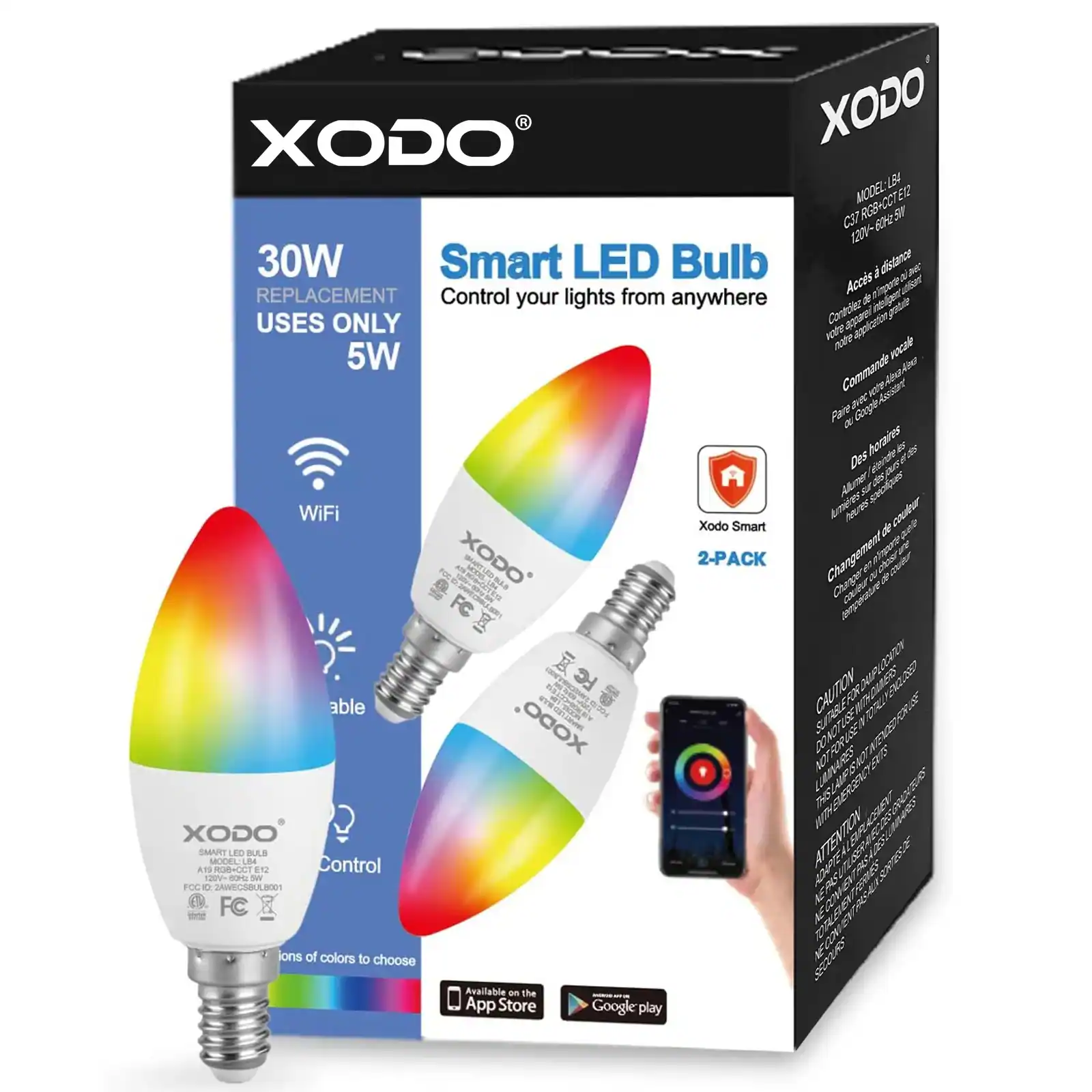 XODO - LB4 Smart Wi-Fi A19 Candelabra LED Bulbs, Dimmable, App & Voice Control (2-Pack)
