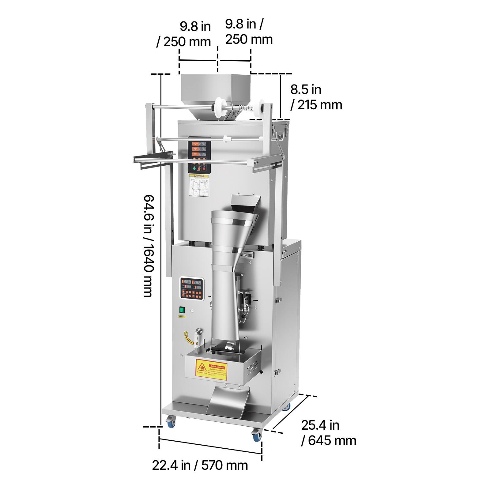 9.8 in / 250 mm  
8.5 in / 215 mm  
64.6 in / 1640 mm  
25.4 in / 645 mm  
22.4 in / 570 mm