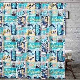 Greenland Home Fashions - Greenland Home Fashion Bathroom Fabric Curtains Waterproof Wave Riders Rainbow Wave Rider Shower Curtain - 72x72" - Blue