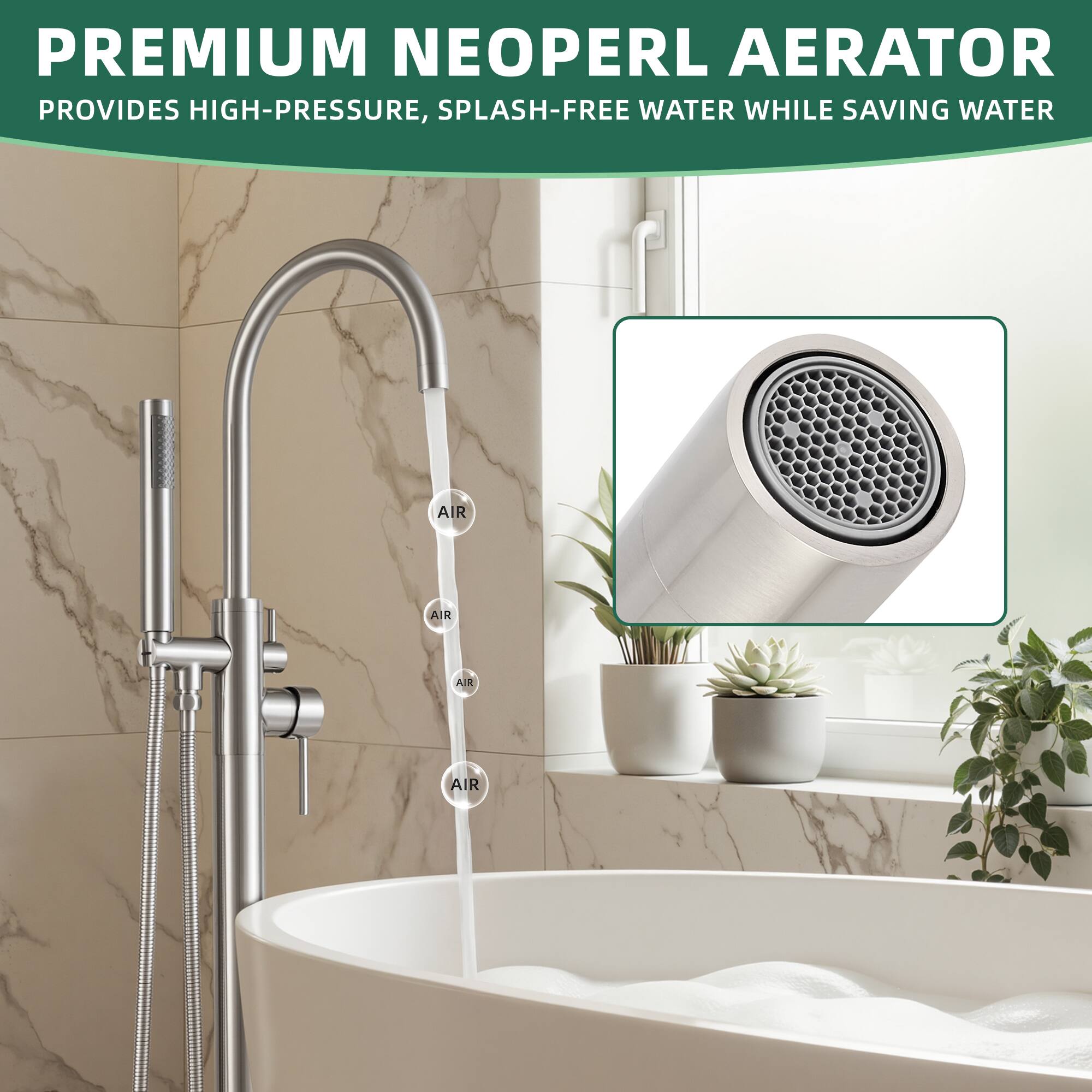 PREMIUM NEOPERL AERATOR  
PROVIDES HIGH-PRESSURE, SPLASH-FREE WATER WHILE SAVING WATER