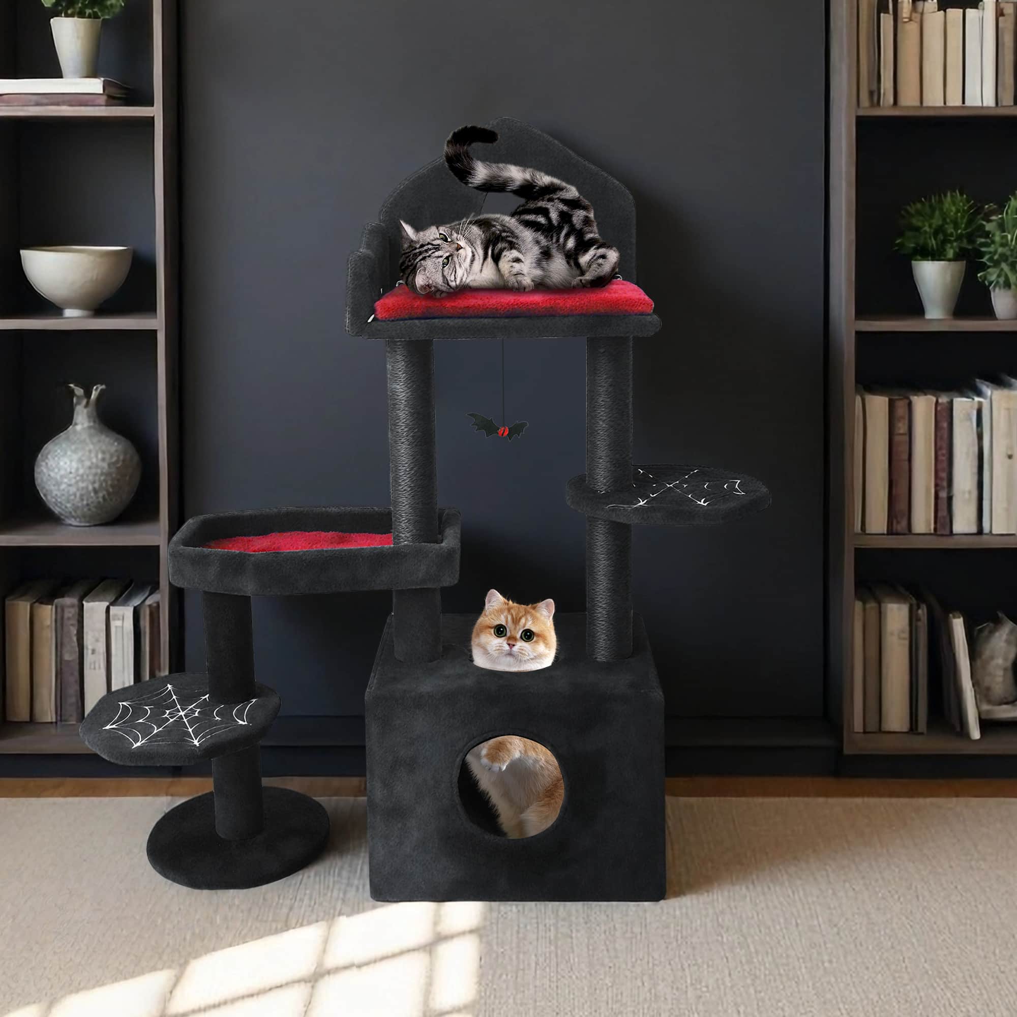 Siljoy - Black Gothic Cat Tree with Coffin-Shaped Bed & Spooky Cat Cave, 44.5in Dark Themed Tower for Indoor Cats