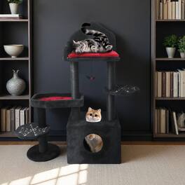 Siljoy - Black Gothic Cat Tree with Coffin-Shaped Bed & Spooky Cat Cave, 44.5in Dark Themed Tower for Indoor Cats