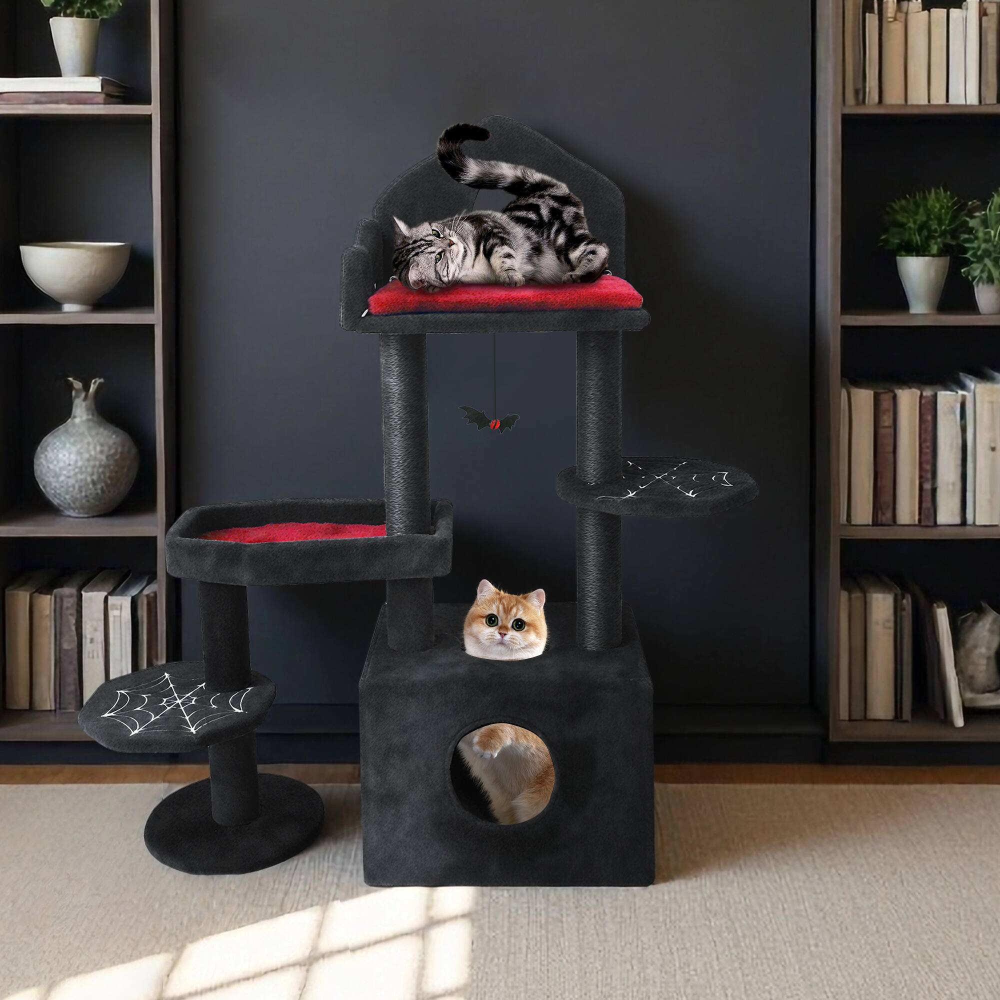Front. Siljoy - Black Gothic Cat Tree with Coffin-Shaped Bed & Spooky Cat Cave, 44.5in Dark Themed Tower for Indoor Cats.