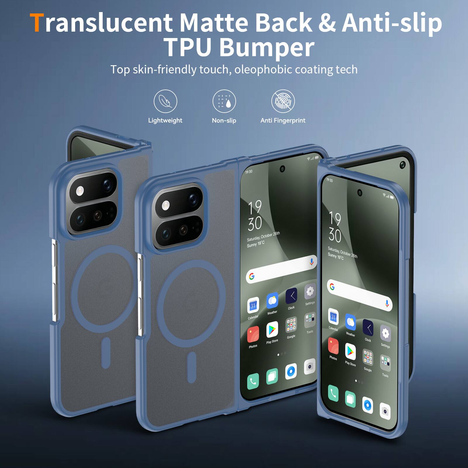 Translucent Matte Back & Anti-slip TPU Bumper  
Top skin-friendly touch, oleophobic coating tech

Lightweight  
Non-slip  
Anti Fingerprint

19 30 October 26th Saturday, 19C Sunny  
19 30 Saturday, October Sunny 18C 20th  
31 Weather Calendar Play Store Photos  
Clock BOX ... Gangle :  
Settings Tapls  
Calendar Weather Clock Settings BBC Photos NOX Party Store Google Todo