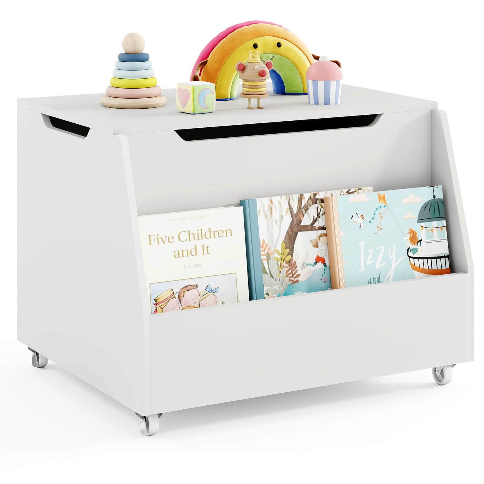 Costway - Kids Toy Box Wooden Mobile Toy Storage Organizer with Bookshelf & Lockable Wheels - White