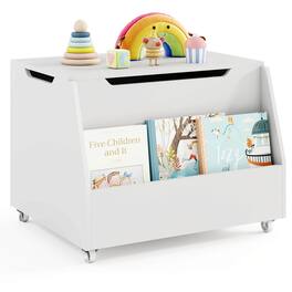 Costway - Kids Toy Box Wooden Mobile Toy Storage Organizer with Bookshelf & Lockable Wheels - White