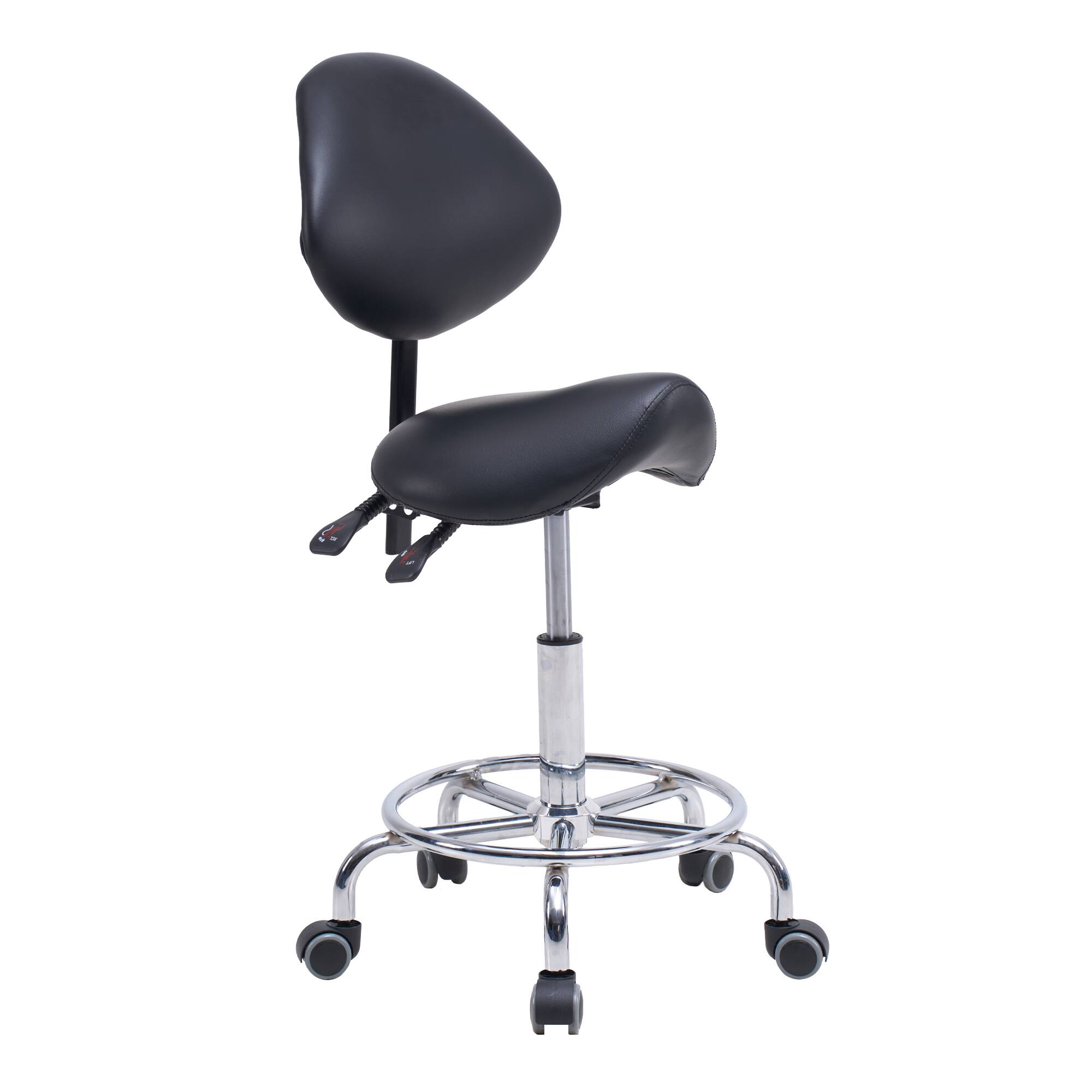 Spaco - Saddle Stool Chair with Ergonomic, Swivel, Hydraulic Tilt, Backrest, Wheels and Footrest, for Medical, Dental - Black