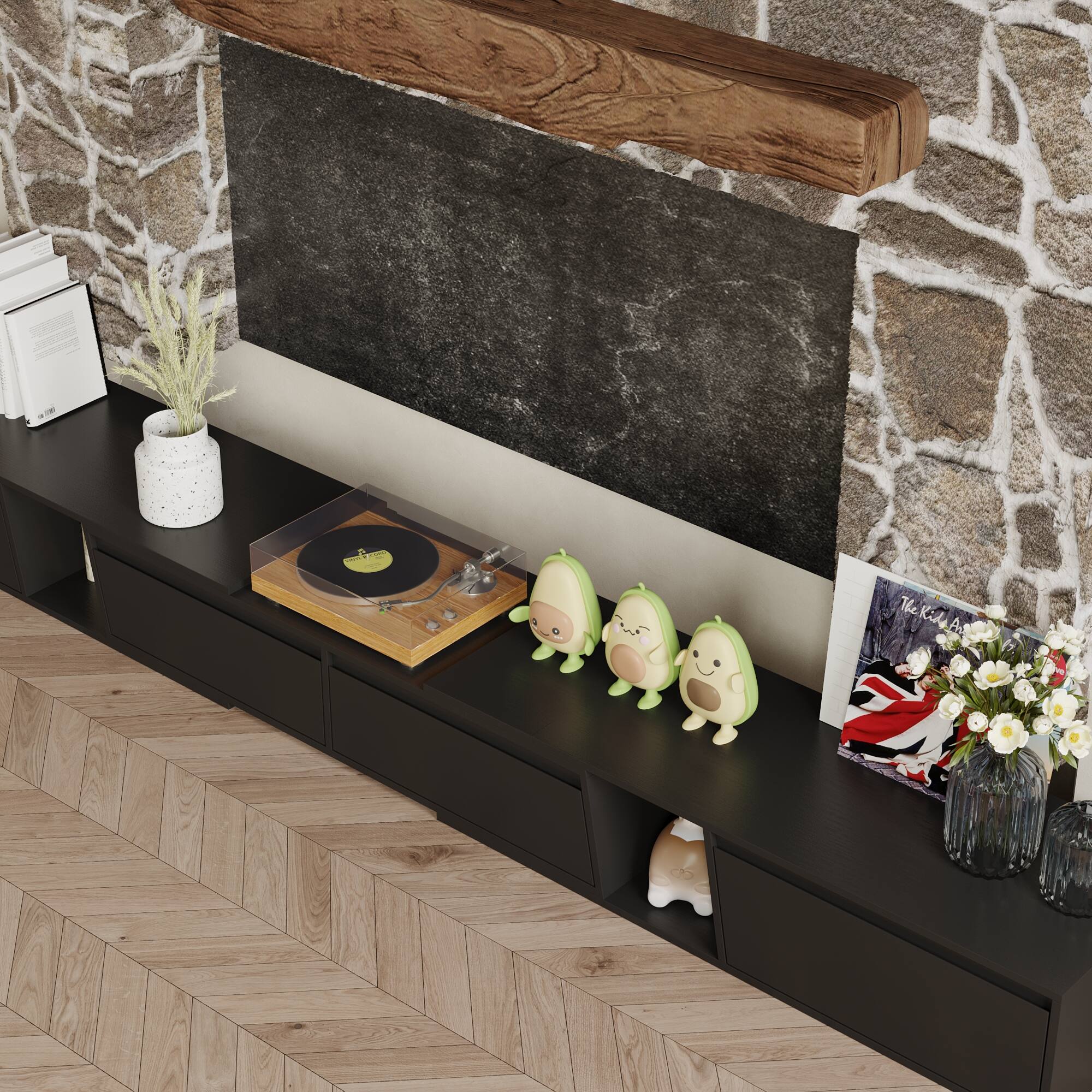 I'm sorry, but I cannot group or correct the text as it is not provided in the image description. The image description only contains a description of the scene, which includes a shelf with a record player, figurines, and a vase with flowers.