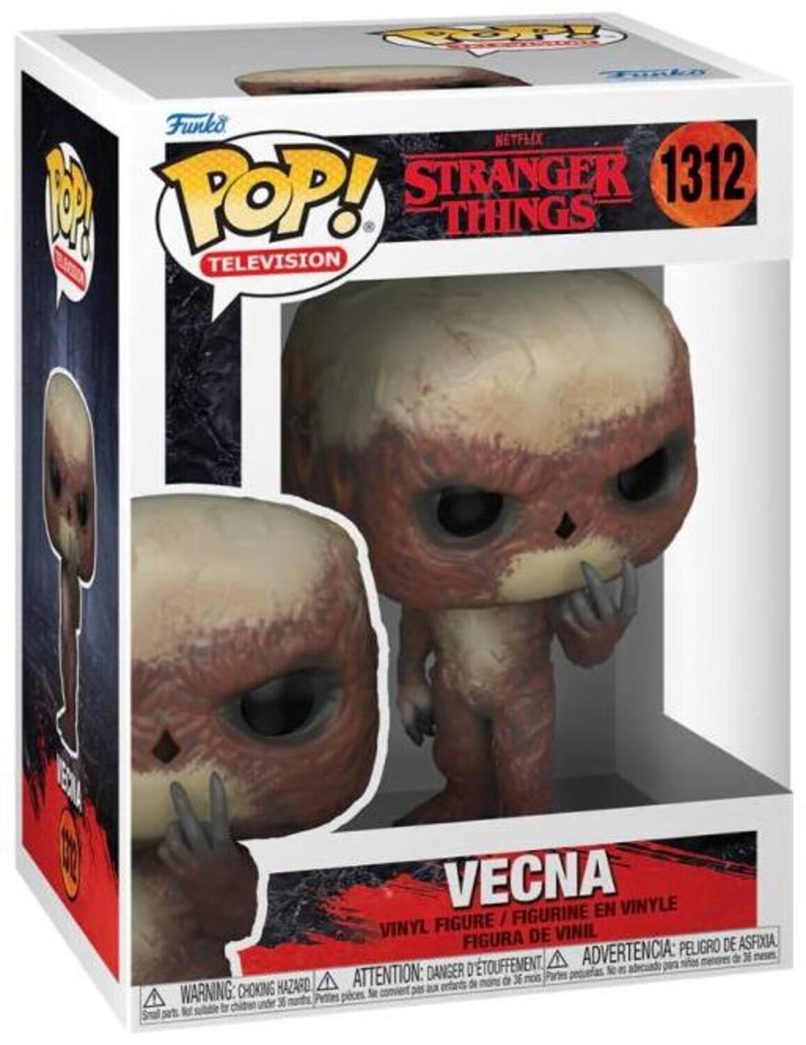 Sure, here is the corrected and grouped text from the image:

---

**Funko**

**POP!**

**TELEVISION**

**STRANGER THINGS**

**1312**

**VECNA**

**VINYL FIGURE / FIGURINE EN VINYLE / FIGURA DE VINIL**

**WARNING: CHOKING HAZARD**  
**ATTENTION: DANGER D'ÉTOUFFEMENT**  
**ADVERTENCIA: PELIGRO DE ASFIXIA**

**Small parts. Not suitable for children under 3 years.**

---

This text is organized to reflect the information on the packaging of the Funko Pop! figure.