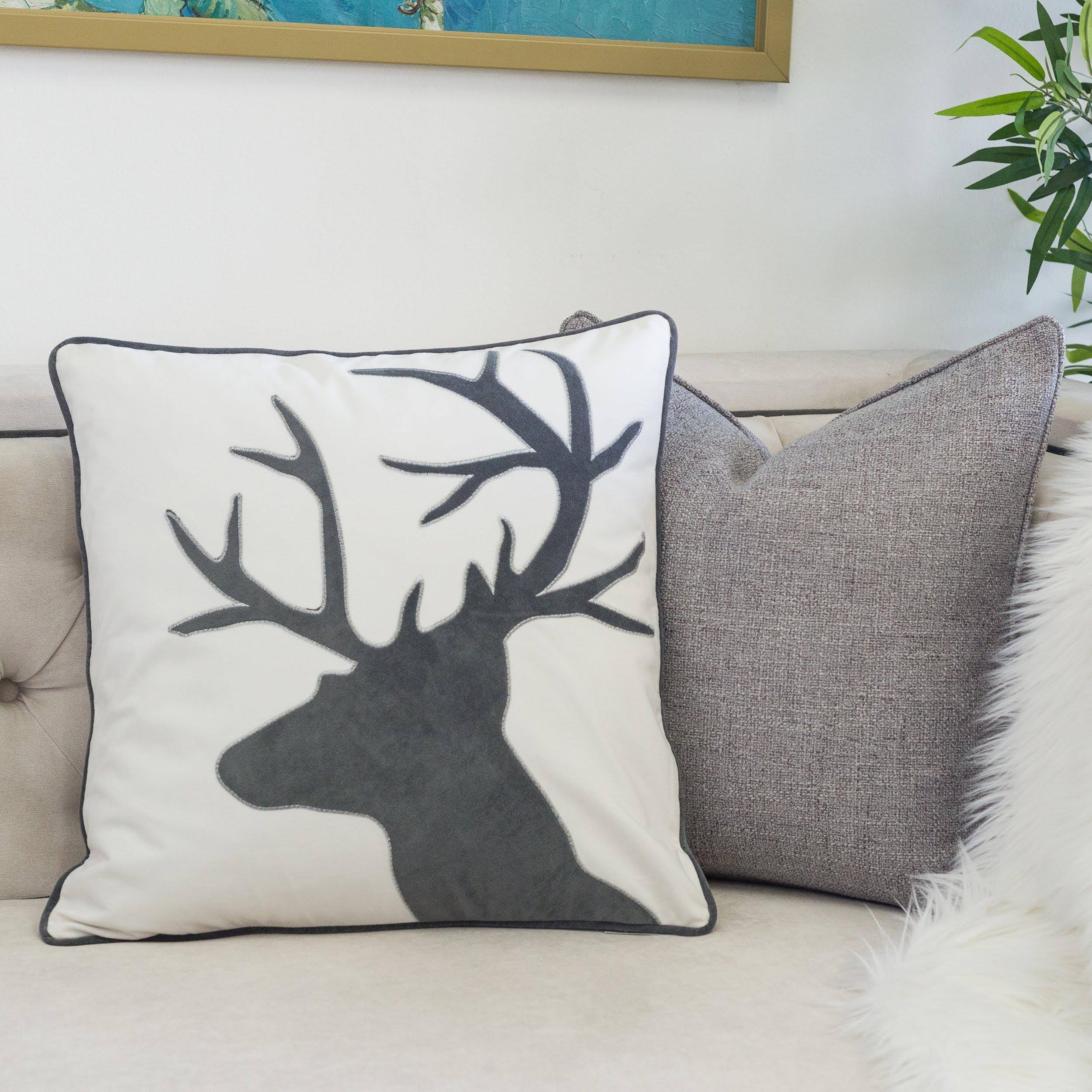 Back. LuXeo - Holiday Reindeer Shiny Linen Square Velvet Pillow Cover and Insert - WHITE.
