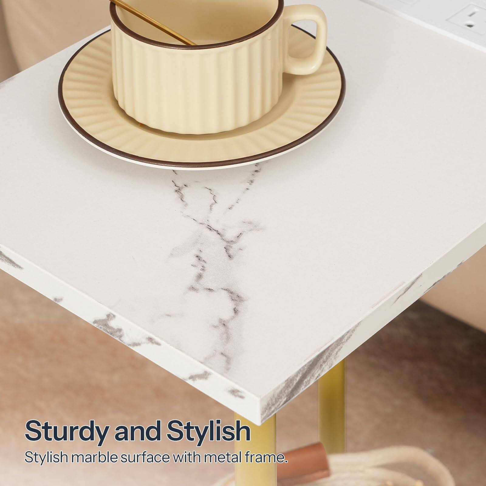 Sturdy and Stylish  
Stylish marble surface with metal frame.