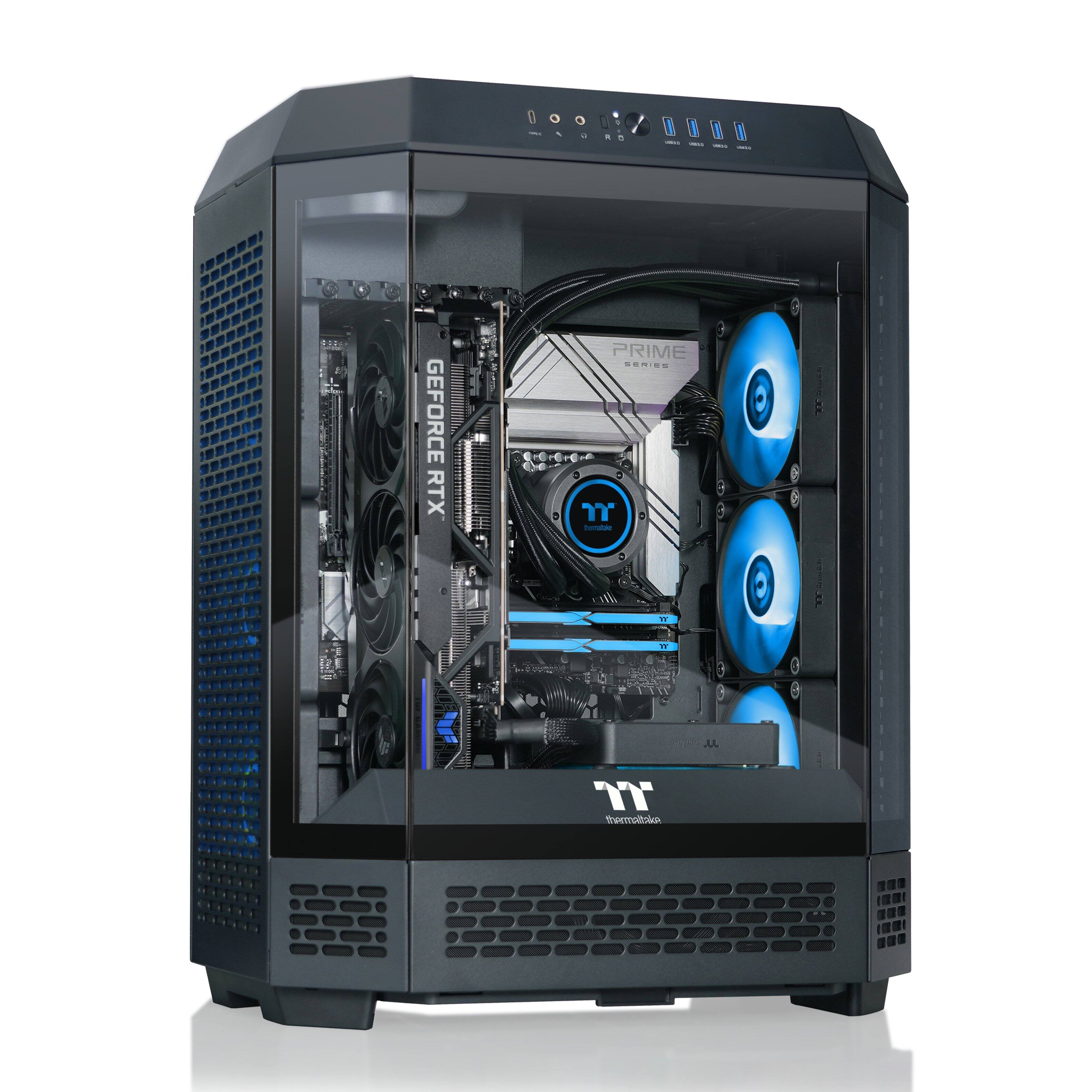 The image features a black computer tower with a transparent side panel, revealing the internal components. The tower is equipped with a GeForce RTX 3070 graphics card, which is a powerful gaming GPU. The system also includes a liquid cooling system and three fans to ensure optimal performance and cooling. The transparent side panel allows users to easily see the internal components, such as the CPU, RAM, and other hardware.